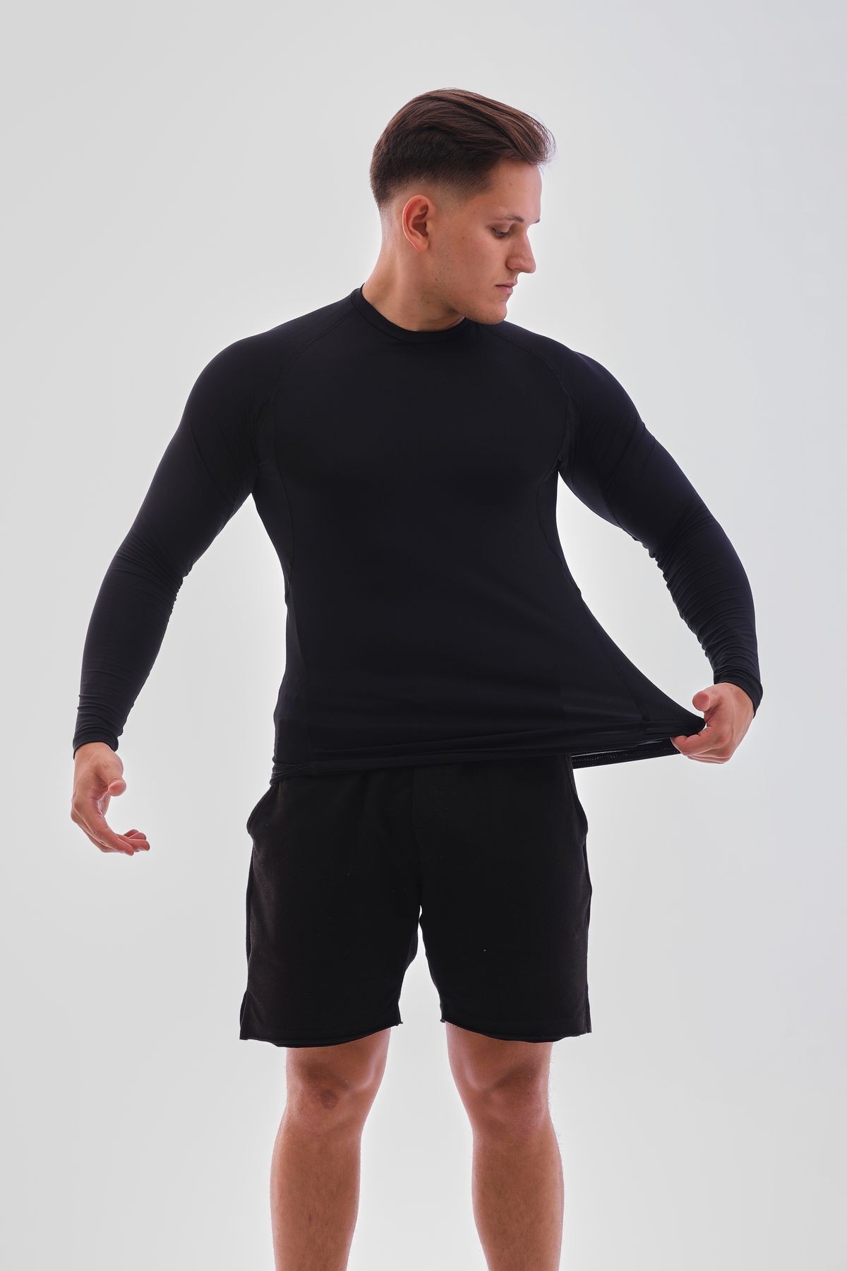 Uzun Kollu Compression Body Fit Spor Tam Beden Erkek Tişört Siyah