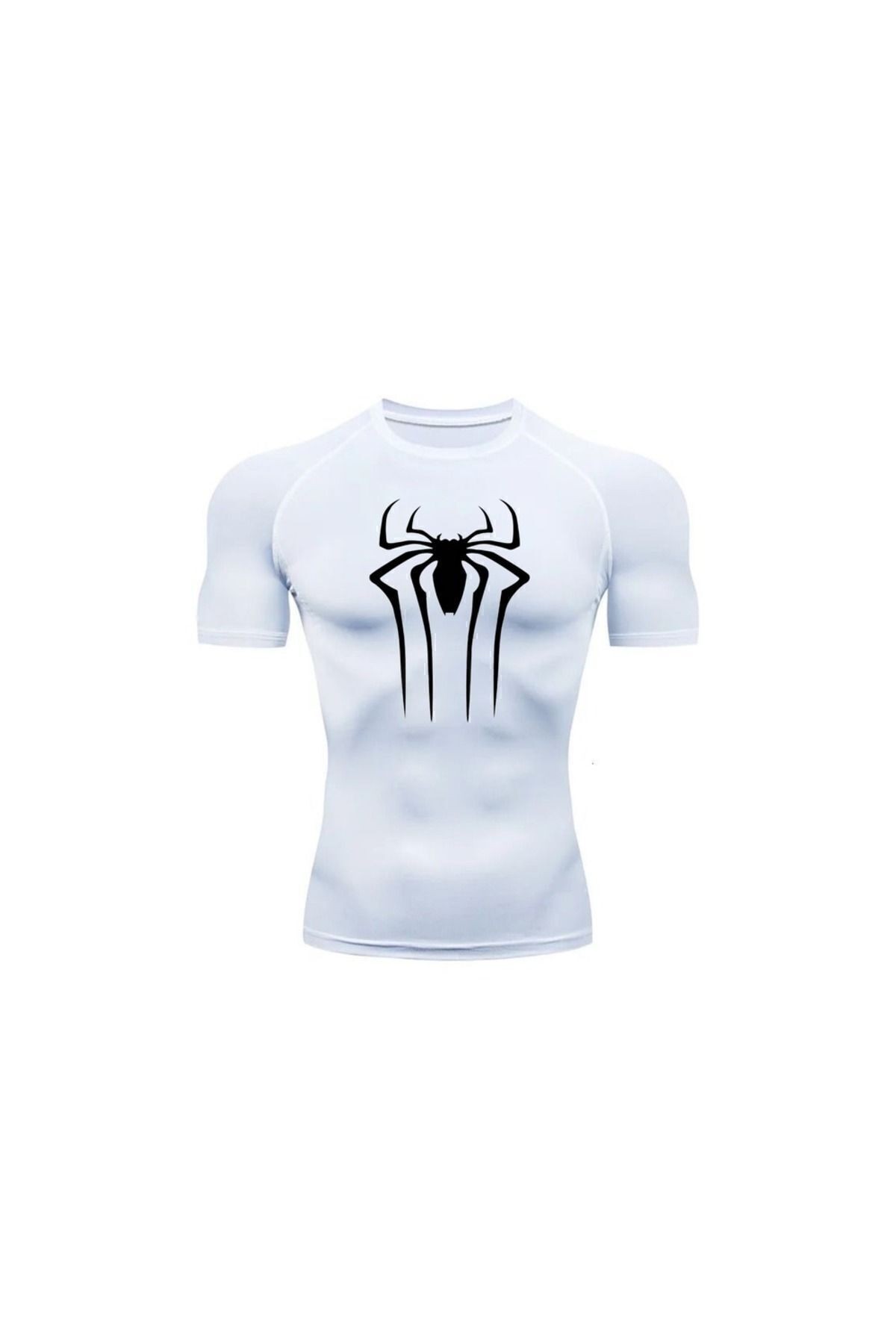 Compression T-shirt Fit Spor Erkek Sıkı Tişört Kısa Kollu Beyaz Spiderman Baskılı