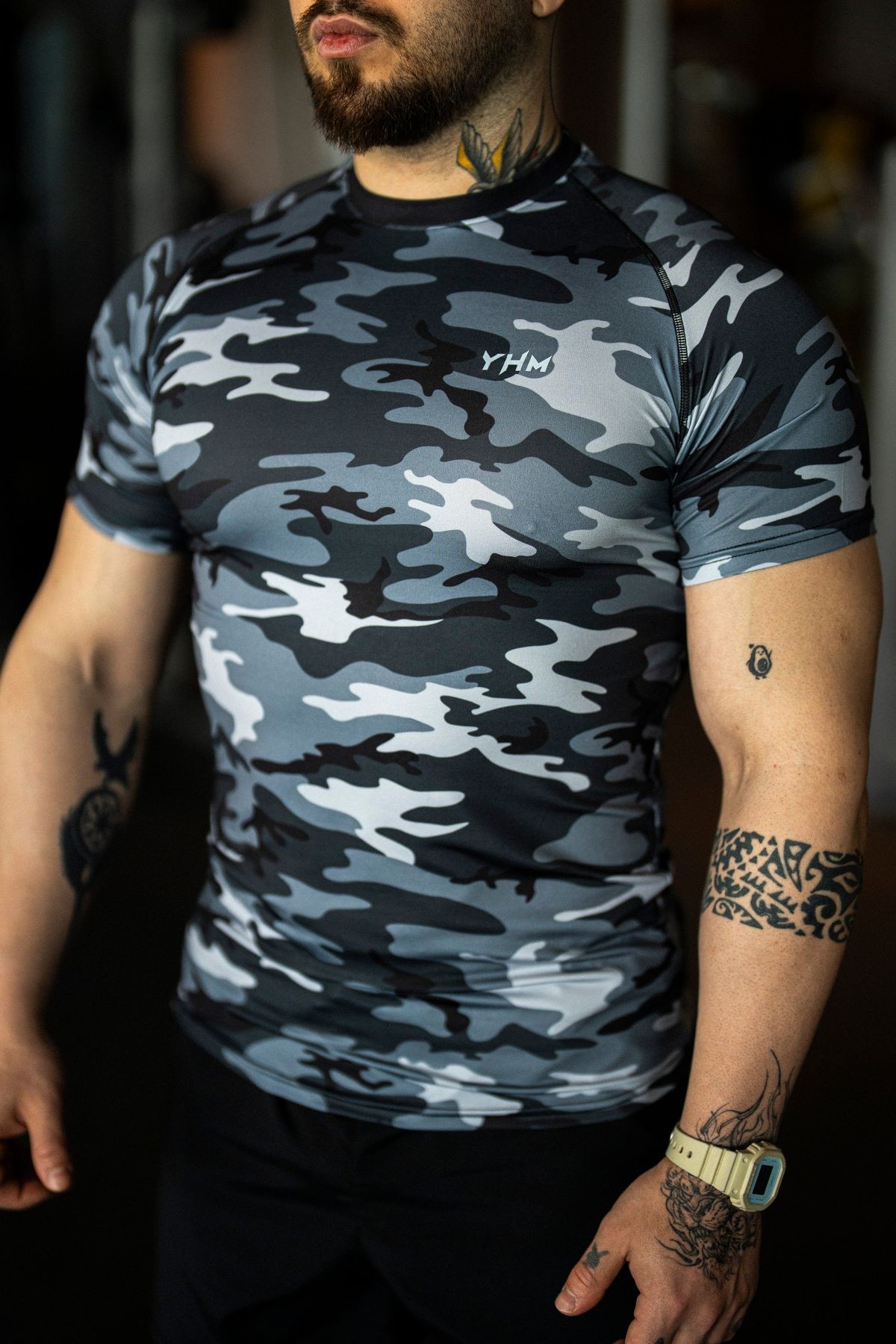 Gri Kamuflaj Desen Askeri Compression Fitness Tshirt