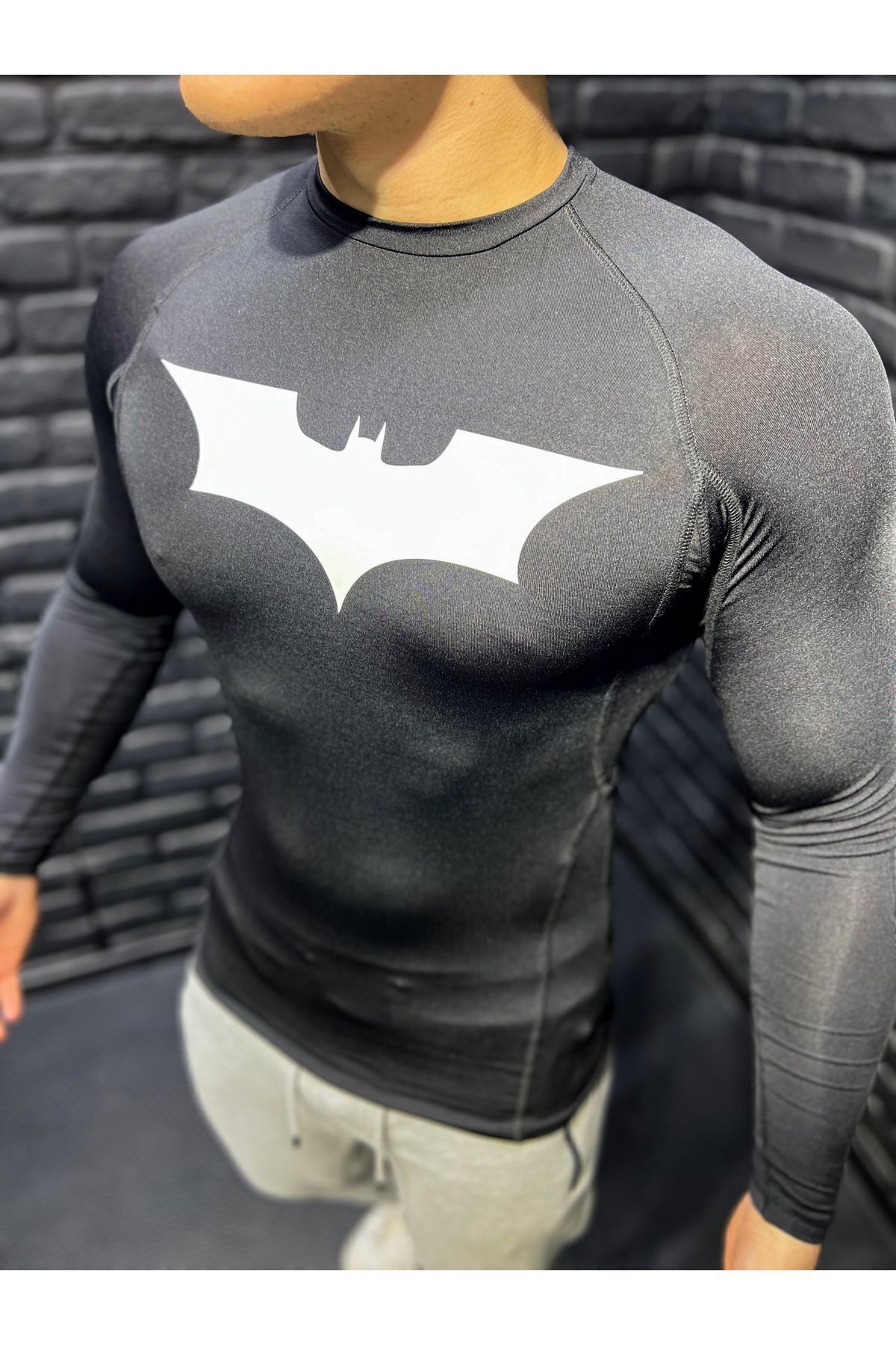 Uzun Kollu Compression Body Tam Beden Fit Spor Erkek Tişört Batman Baskılı Kompresyon
