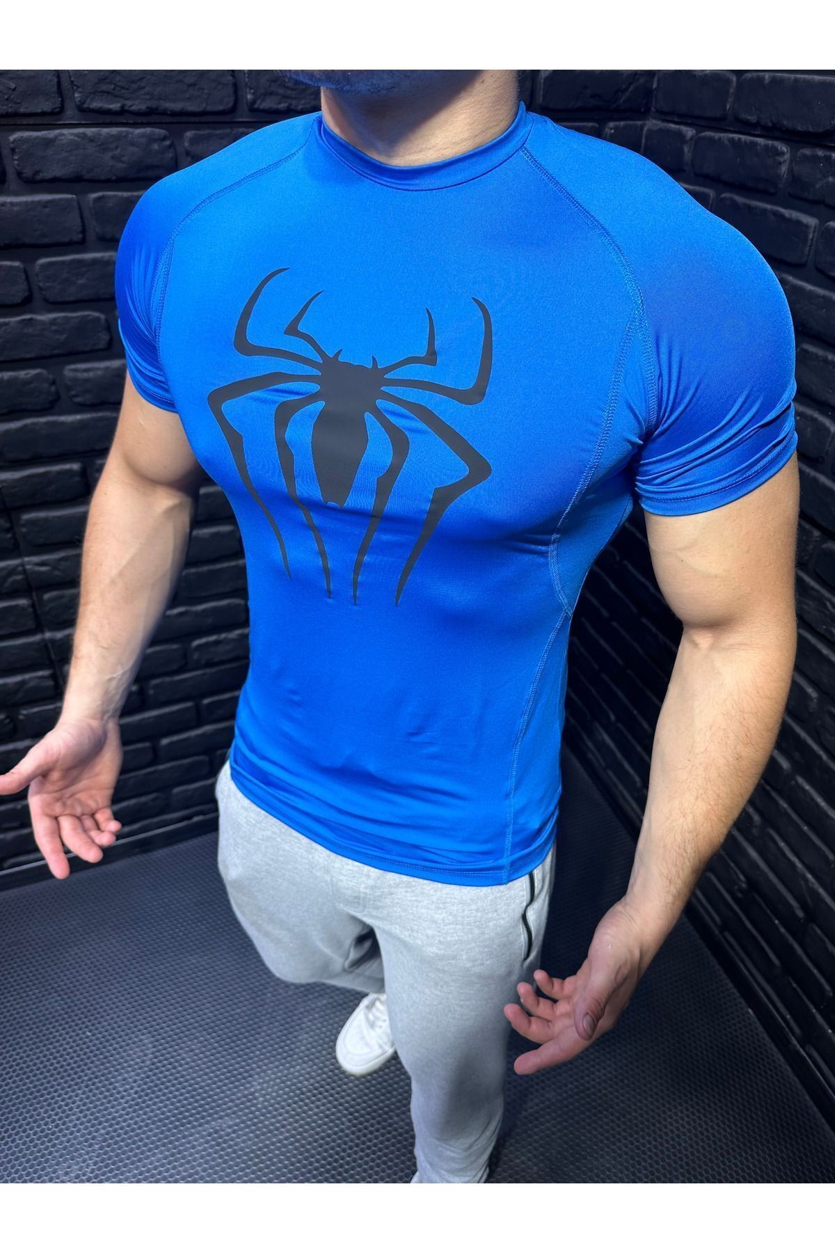 Erkek Dar Spor Tişört Compression Spiderman Baskılı Esnek Body Mavi