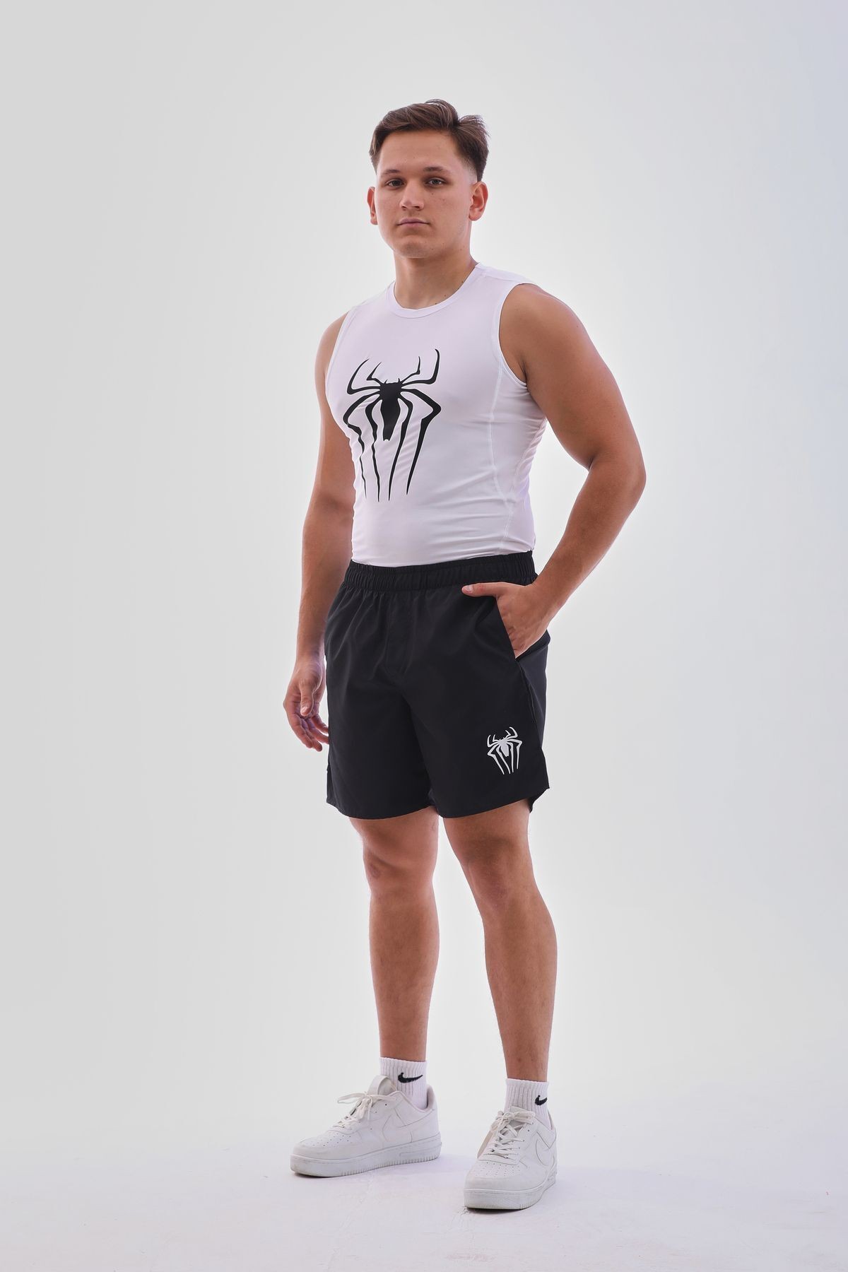 Erkek Spor Atlet Süper Esnek Compression Fitness Tank Top Terletmez Beyaz Baskılı