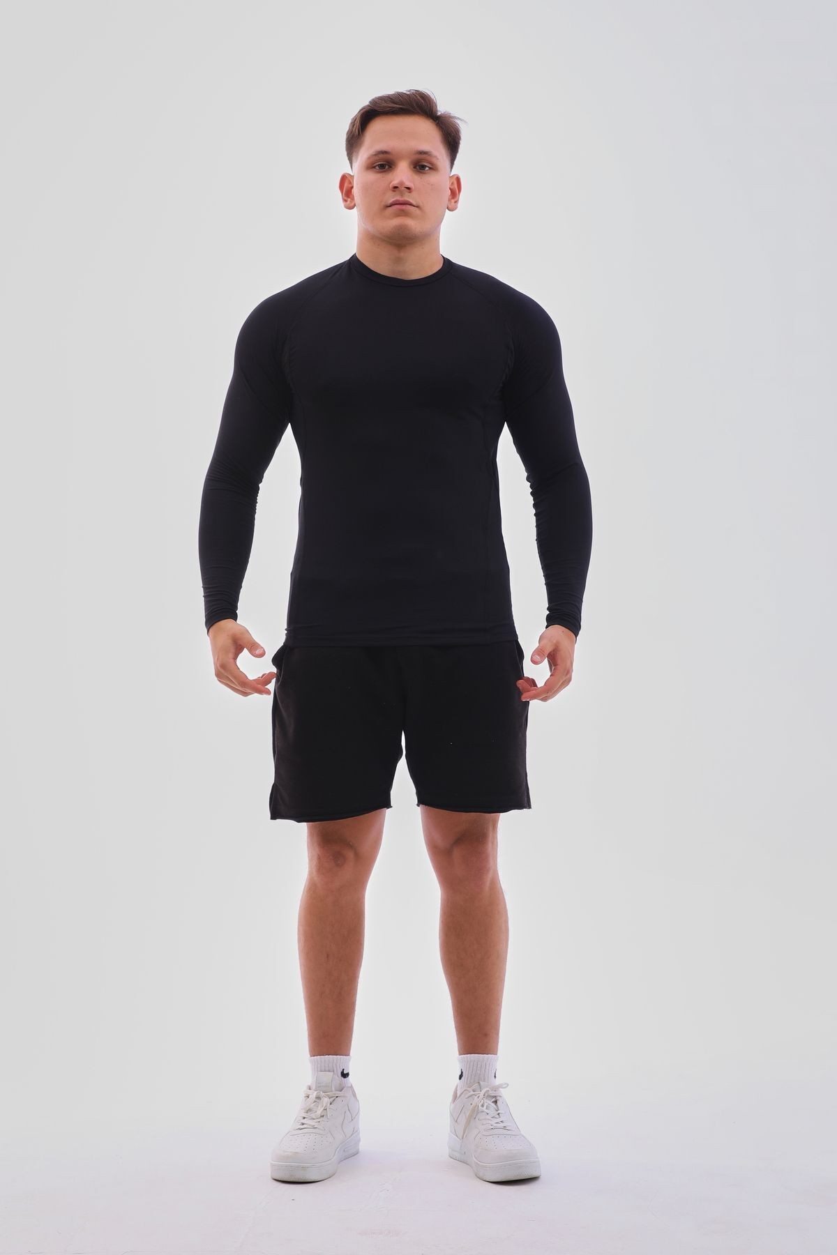 Uzun Kollu Compression Body Fit Spor Tam Beden Erkek Tişört Siyah