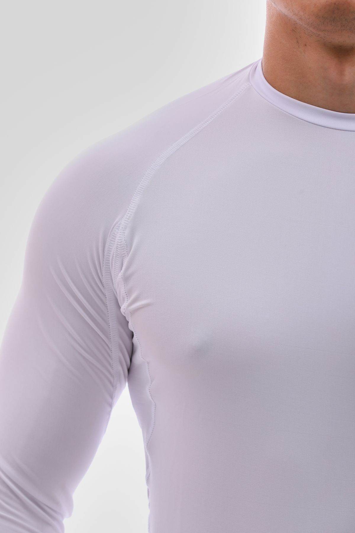 Uzun Kollu Compression Body Fit Spor Tam Beden Erkek Tişört Beyaz