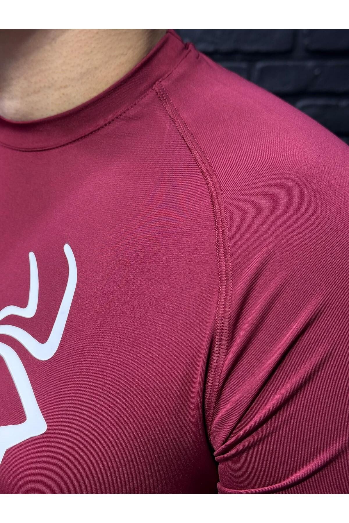 Slim Fit Erkek Tişört - Bordo Renkli Compression Model