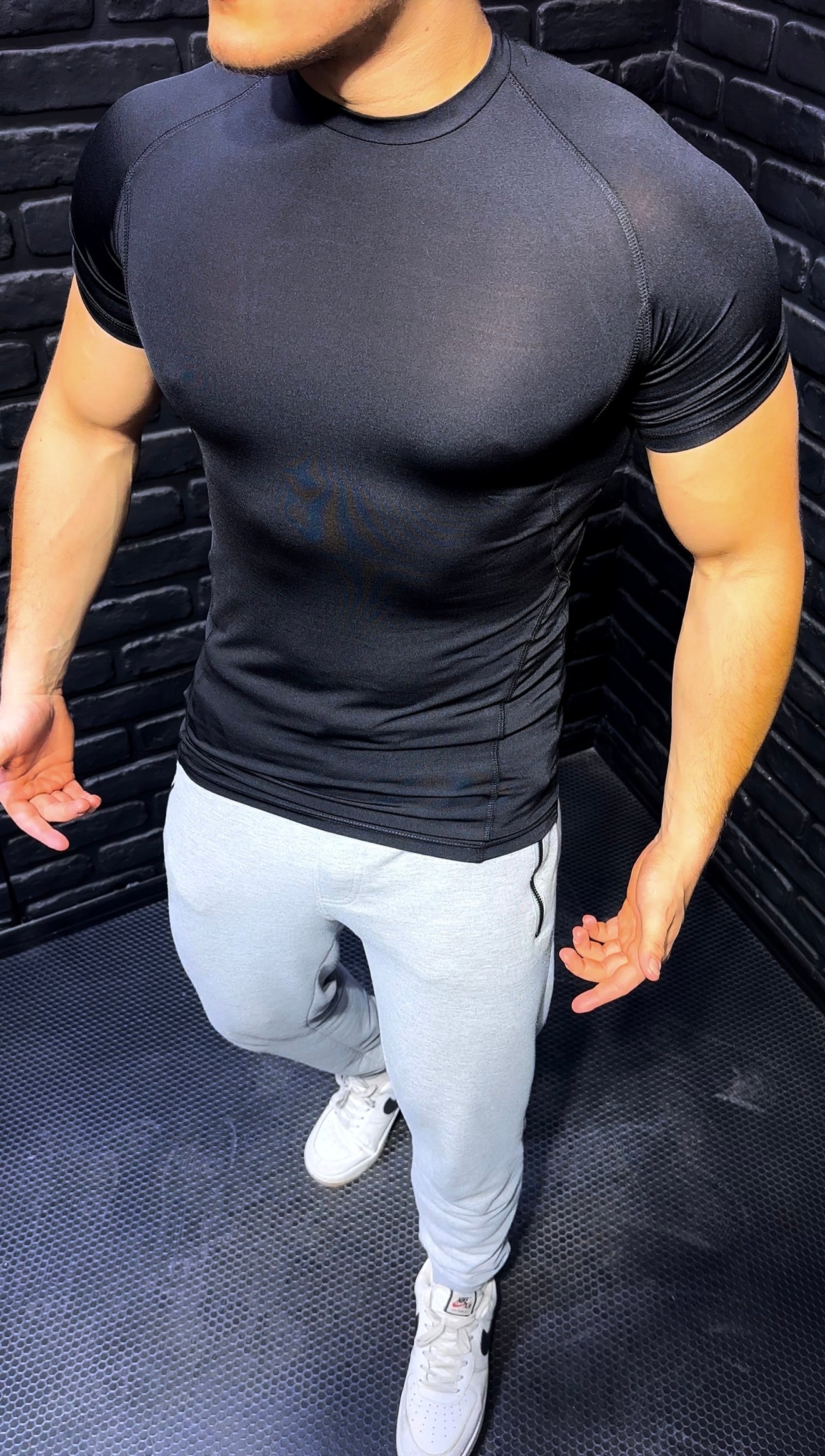 Kısa Kol Baskısız Compression T-Shirt - Siyah