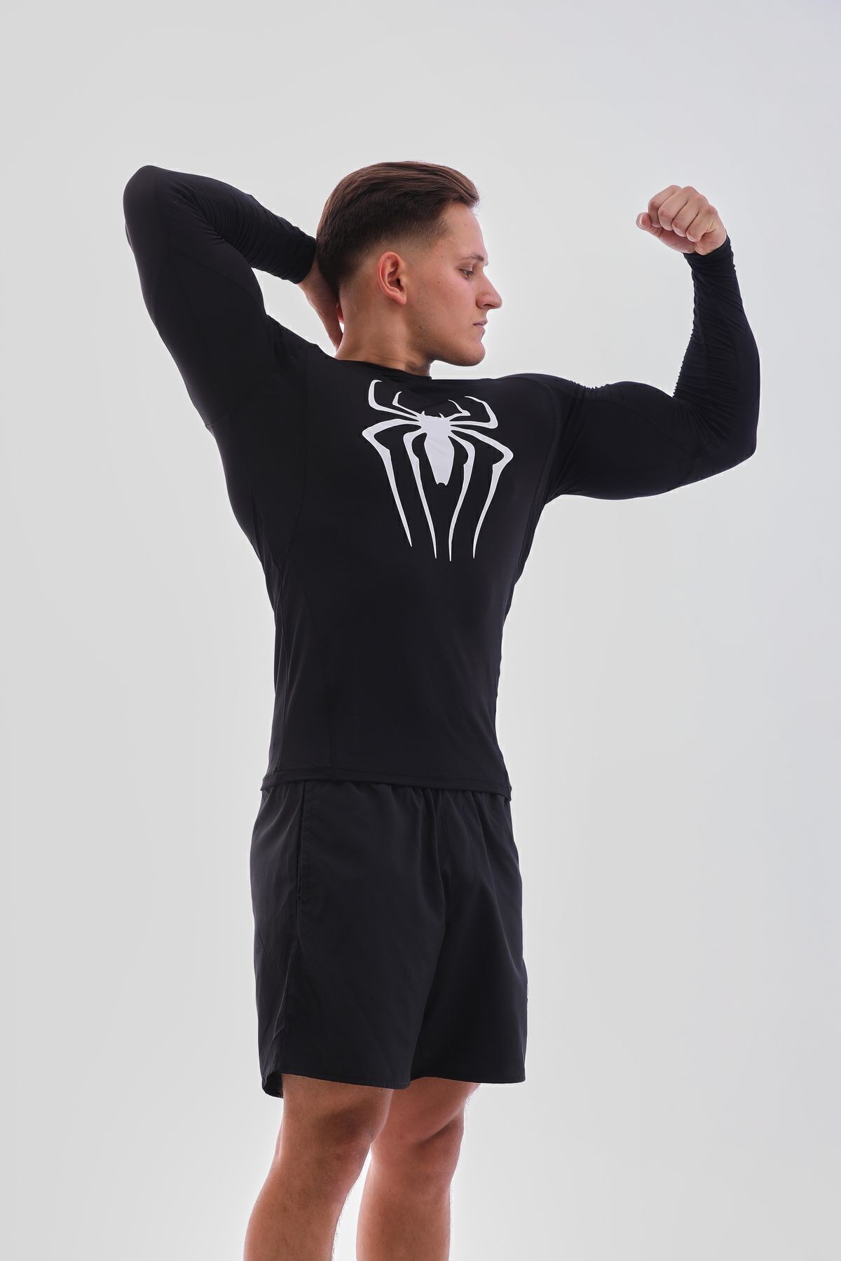 Uzun Kollu Compression Body Fit Spor Tam Beden Erkek Tişört Siyah Spiderman Baskılı