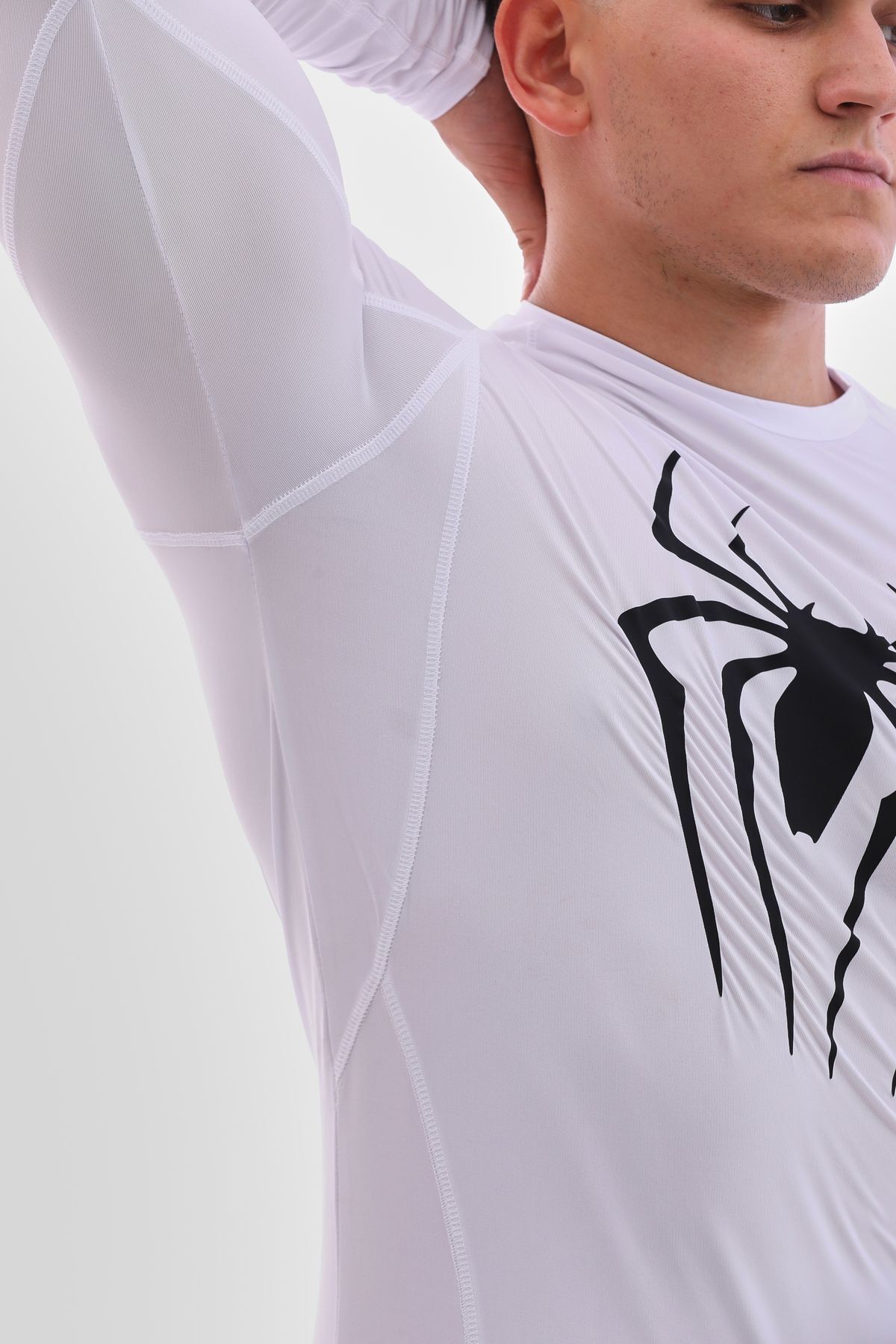 Uzun Kollu Compression Body Fit Spor Tam Beden Erkek Tişört Beyaz