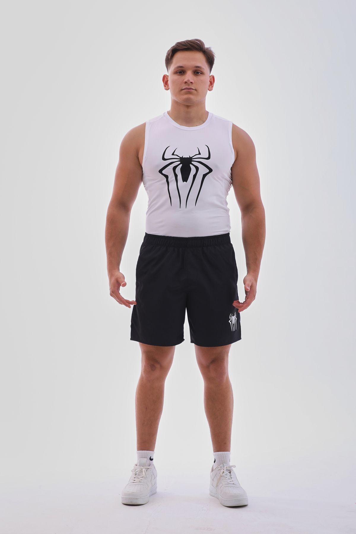 Erkek Spor Atlet Süper Esnek Compression Fitness Tank Top Terletmez Beyaz Baskılı