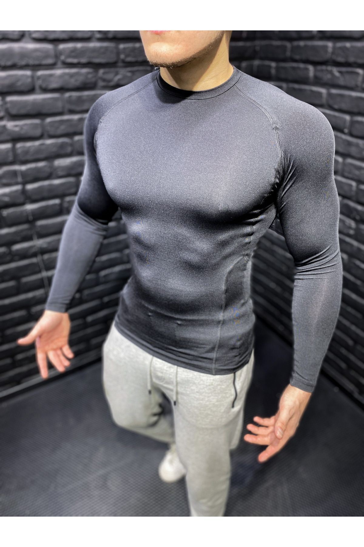 Uzun Kollu Compression Body Fit Spor Tam Beden Erkek Tişört Siyah