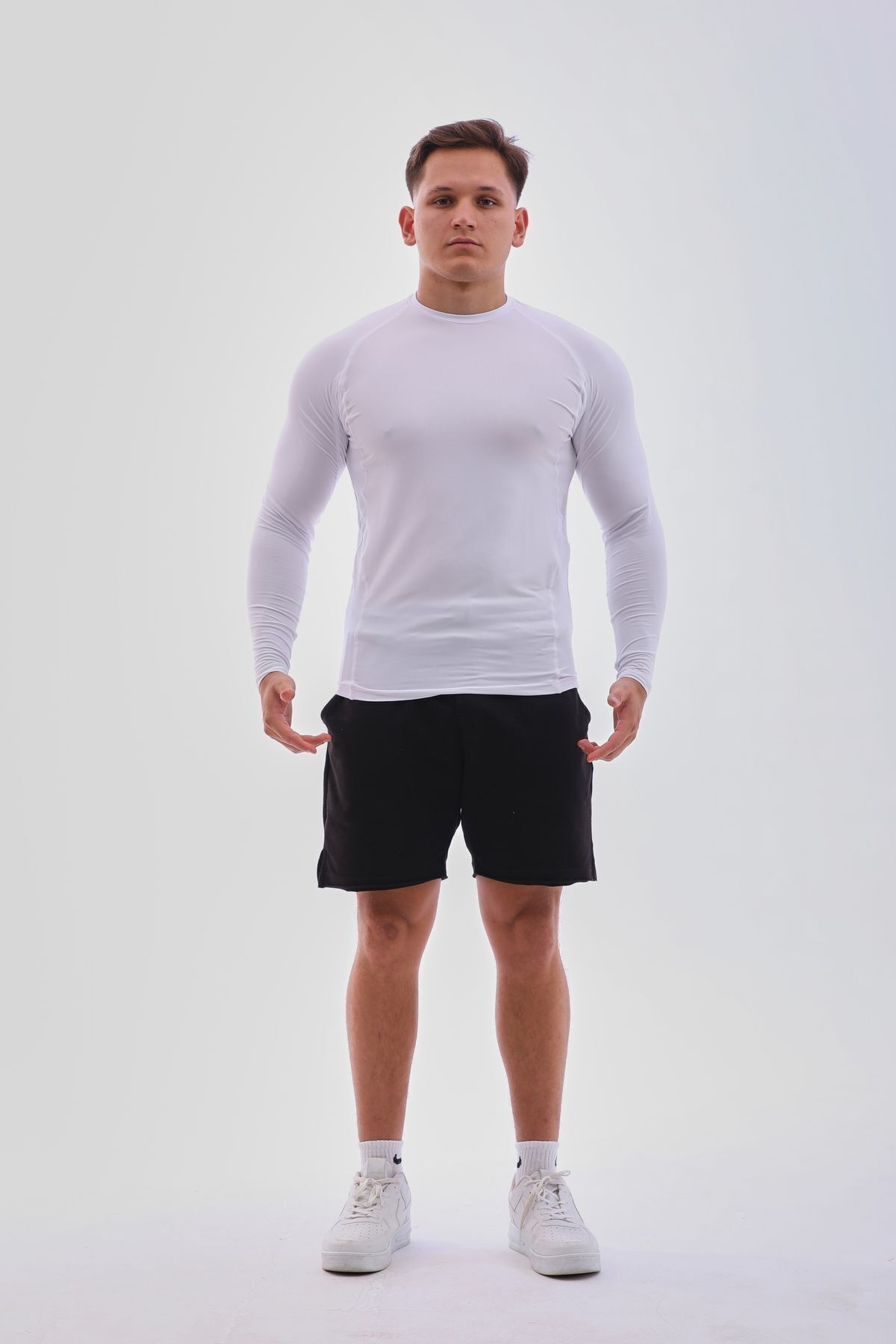 Uzun Kollu Compression Body Fit Spor Tam Beden Erkek Tişört Beyaz