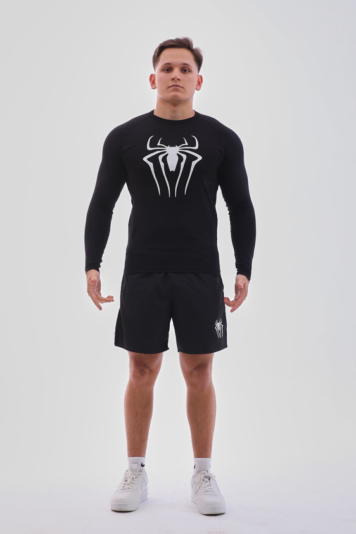 Uzun Kollu Compression Body Fit Spor Tam Beden Erkek Tişört Siyah Spiderman Baskılı