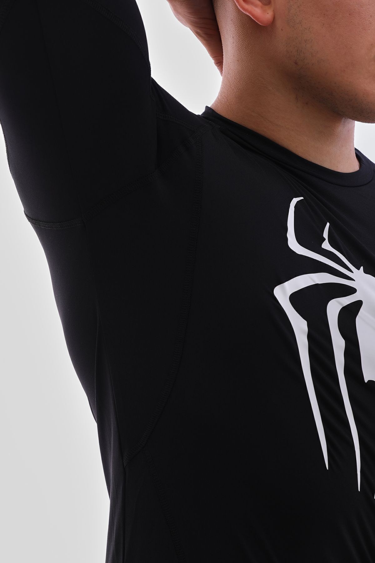 Uzun Kollu Compression Body Fit Spor Tam Beden Erkek Tişört Siyah Spiderman Baskılı