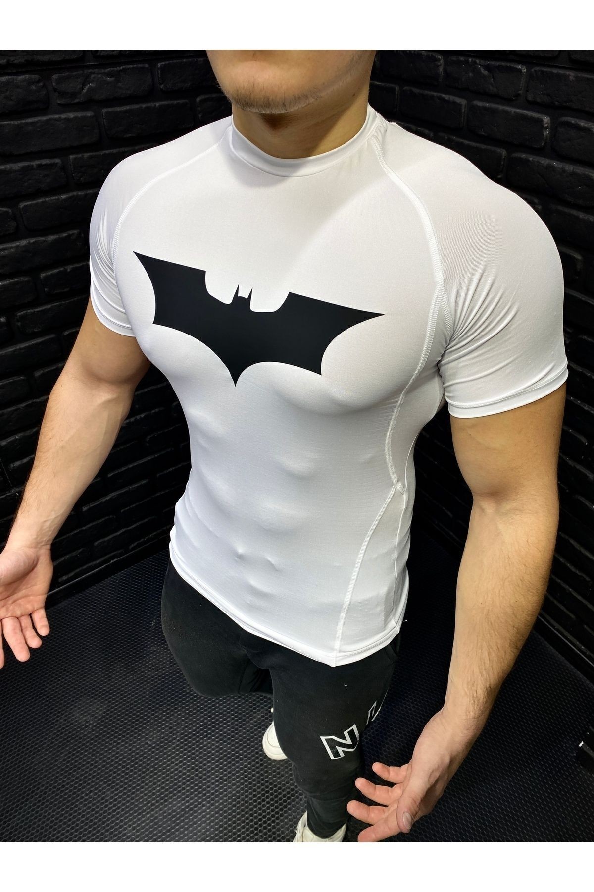 Kısa Kollu Kompresyon T-shirt Fit Spor Tam Beden Erkek Spor Body Beyaz Batman Baskılı