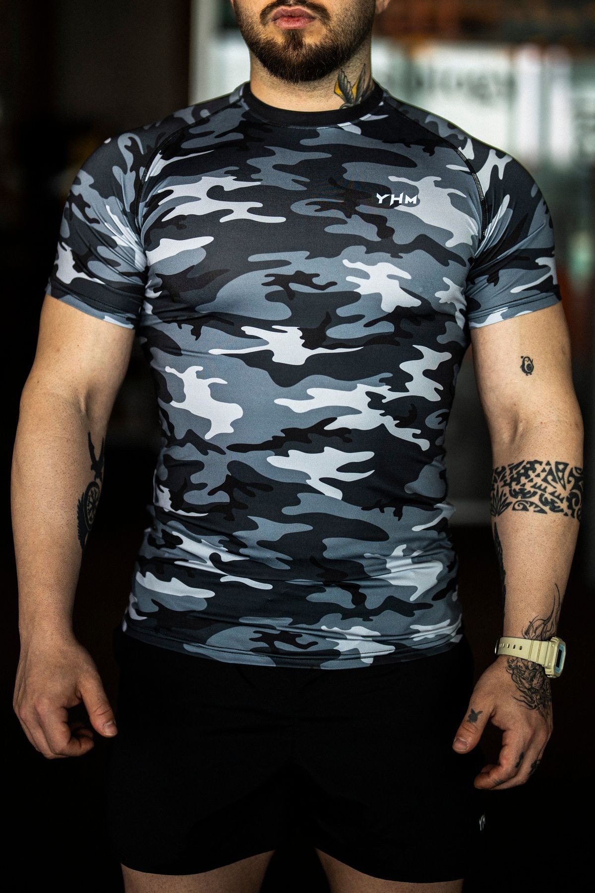 Gri Kamuflaj Desen Askeri Compression Fitness Tshirt