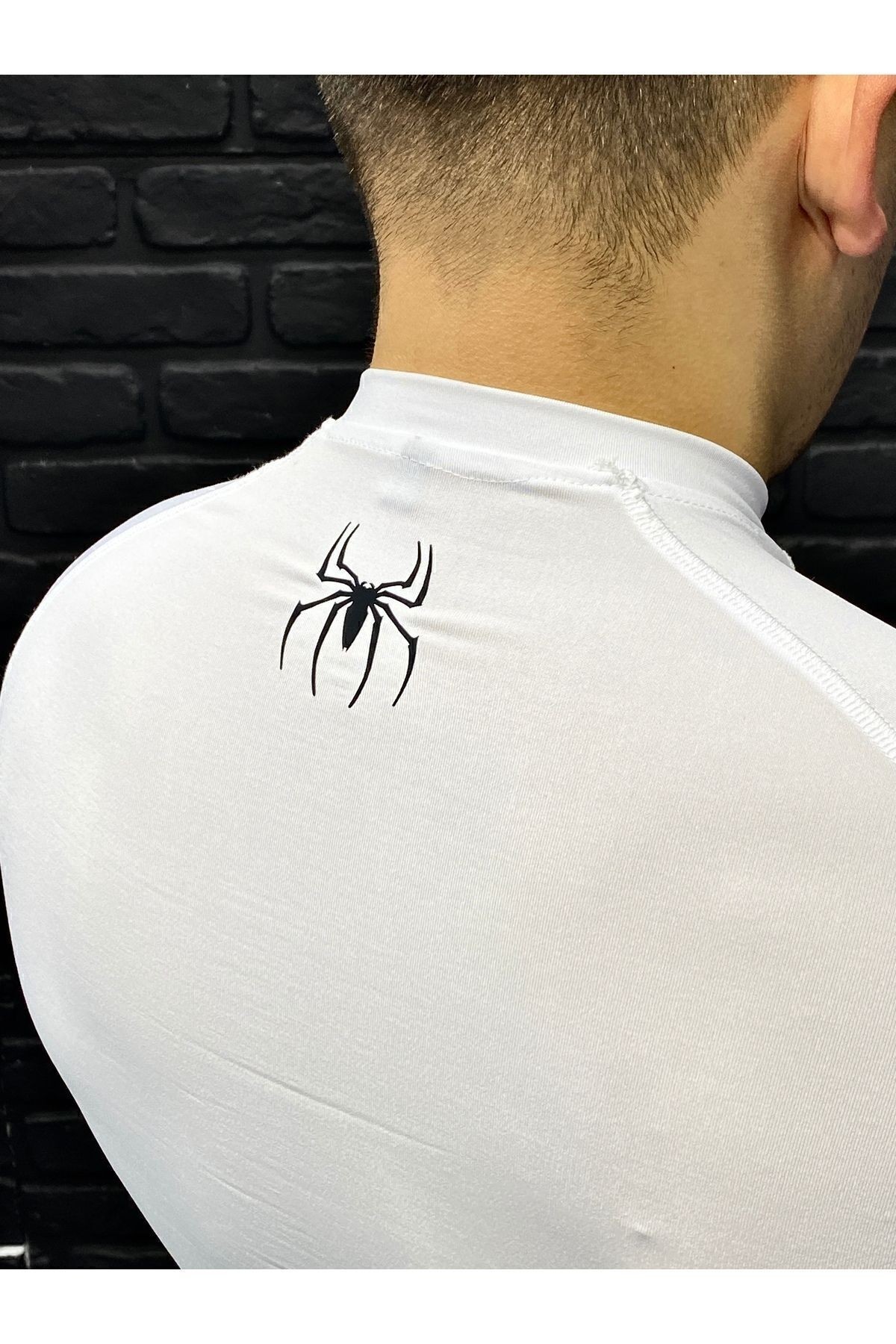 Compression T-shirt Fit Spor Erkek Sıkı Tişört Kısa Kollu Beyaz Spiderman Baskılı