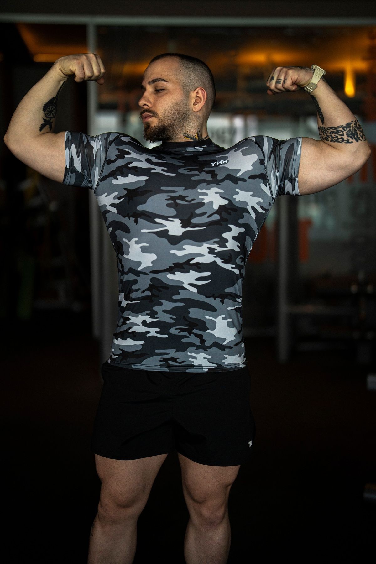 Gri Kamuflaj Desen Askeri Compression Fitness Tshirt