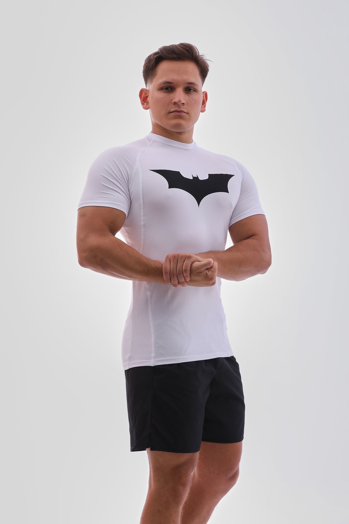 Kısa Kollu Kompresyon T-shirt Fit Spor Tam Beden Erkek Spor Body Beyaz Batman Baskılı