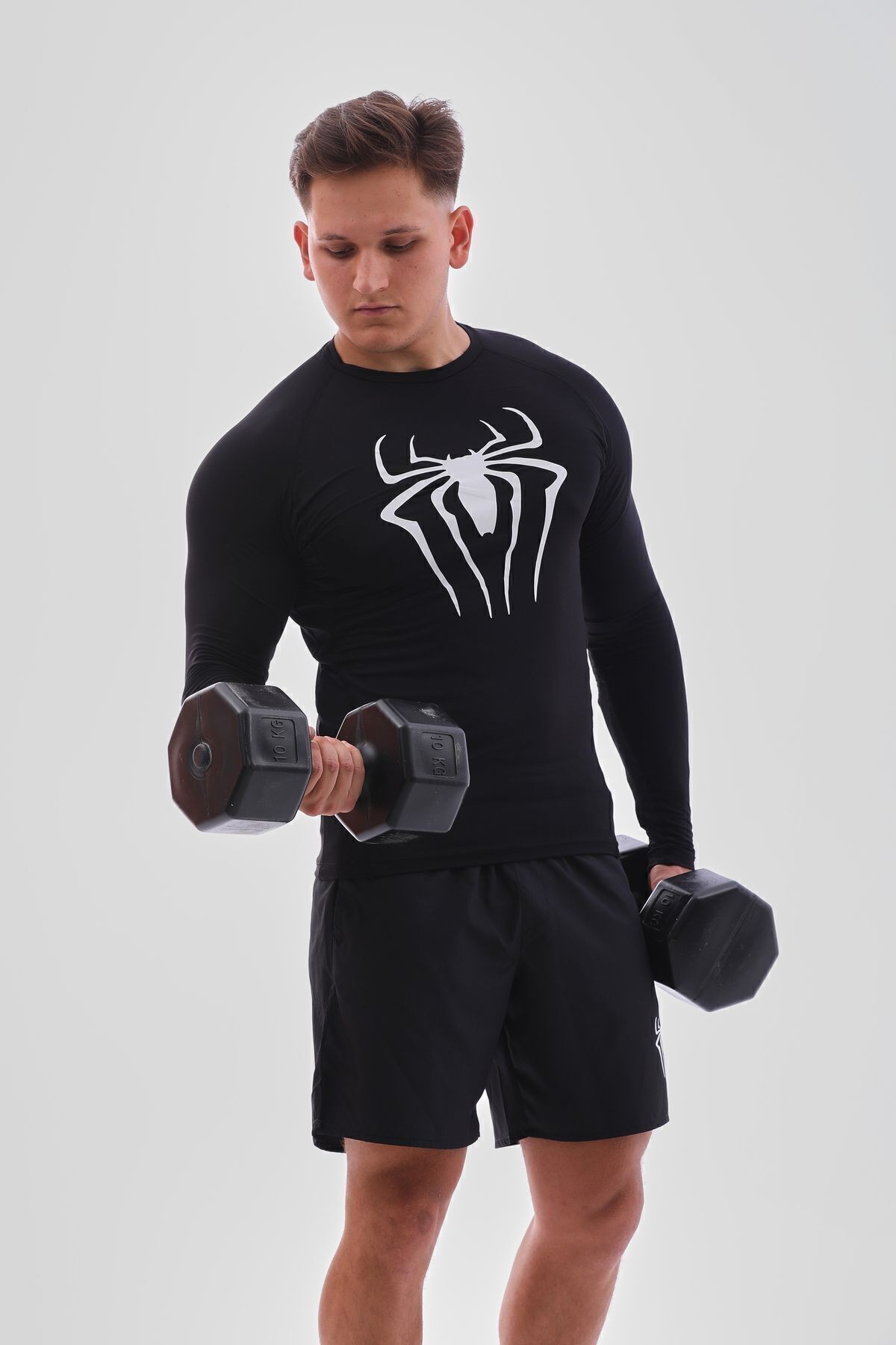 Uzun Kollu Compression Body Fit Spor Tam Beden Erkek Tişört Siyah Spiderman Baskılı