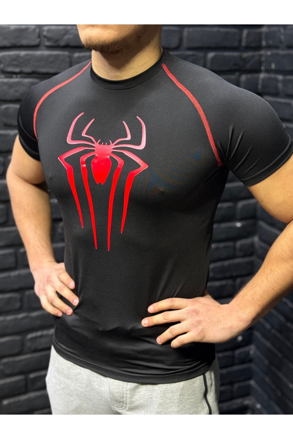 Erkek Dar Spor Tişört Compression Spiderman Baskılı Esnek Body Mavi