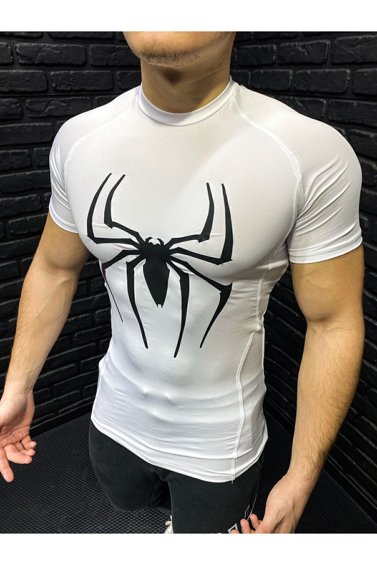Compression T-shirt Fit Spor Erkek Sıkı Tişört Kısa Kollu Beyaz Spiderman Baskılı