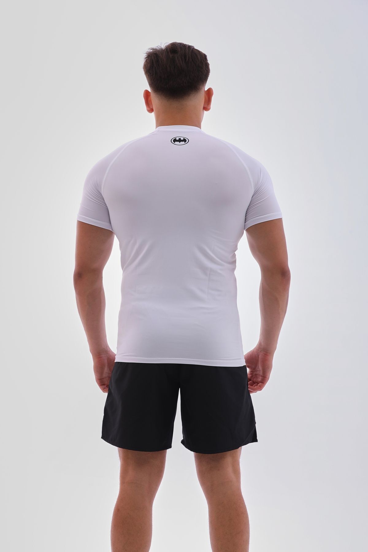 Kısa Kollu Kompresyon T-shirt Fit Spor Tam Beden Erkek Spor Body Beyaz Batman Baskılı