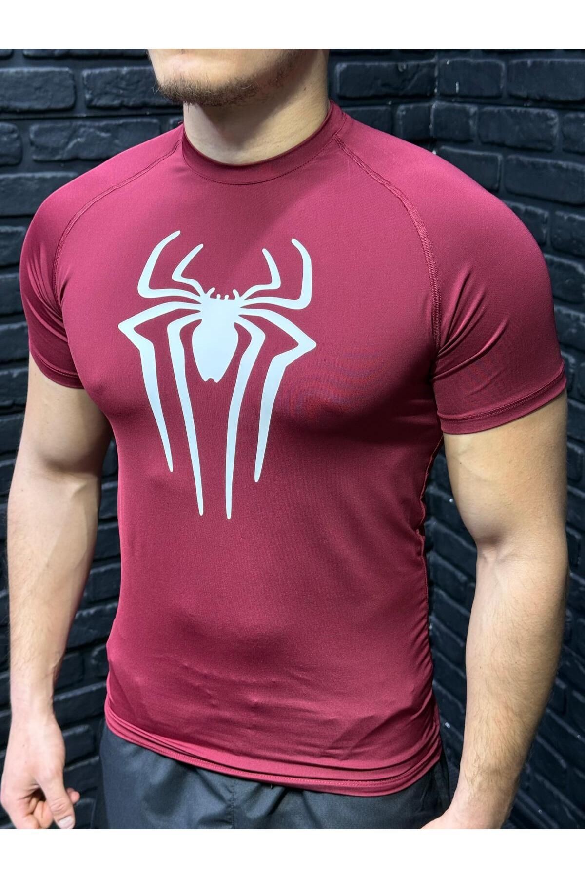 Slim Fit Erkek Tişört - Bordo Renkli Compression Model