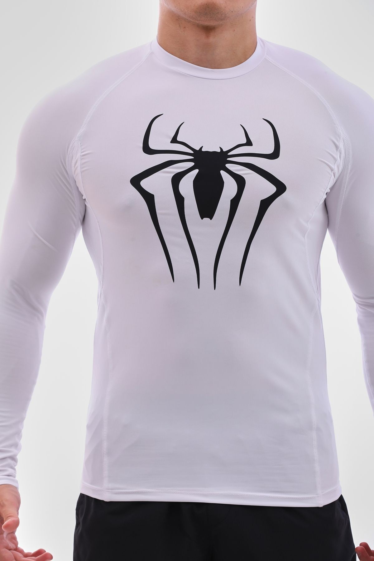 Uzun Kollu Compression Body Fit Spor Tam Beden Erkek Tişört Beyaz