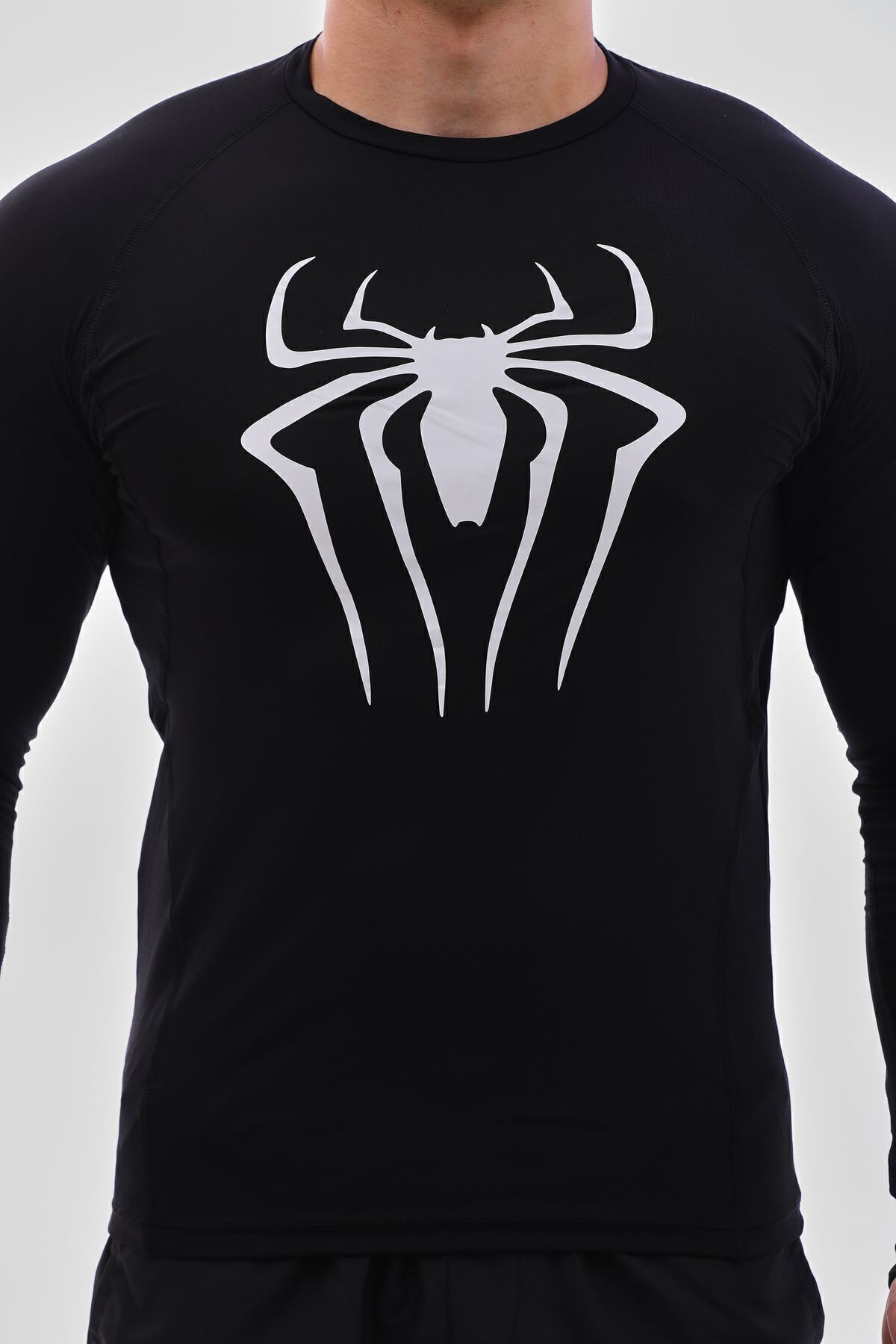 Uzun Kollu Compression Body Fit Spor Tam Beden Erkek Tişört Siyah Spiderman Baskılı