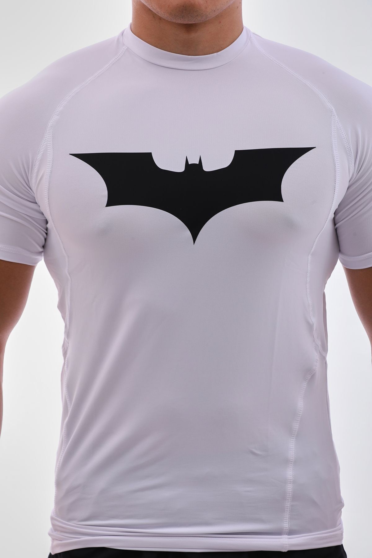 Kısa Kollu Kompresyon T-shirt Fit Spor Tam Beden Erkek Spor Body Beyaz Batman Baskılı