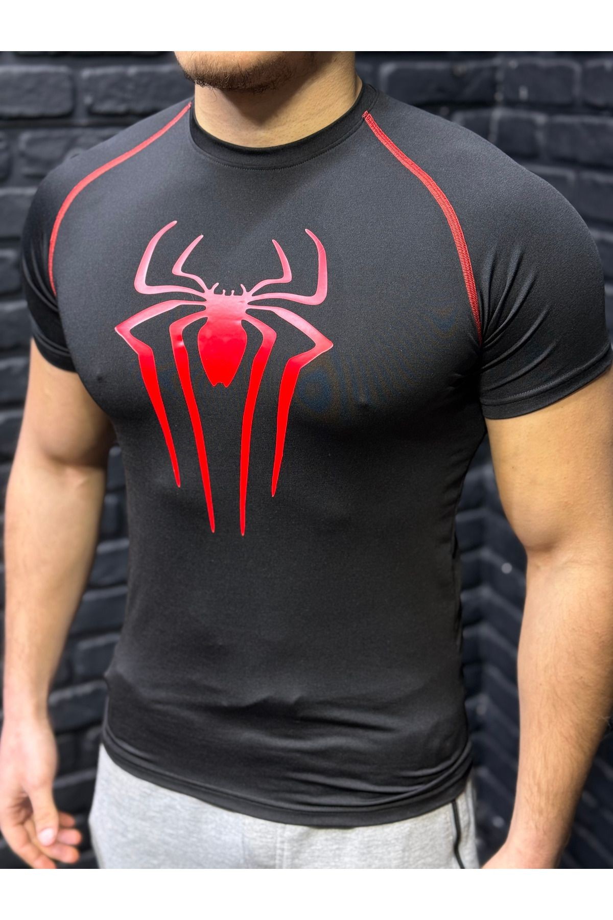 Erkek Dar Spor Tişört Compression Spiderman Baskılı Esnek Body Mavi