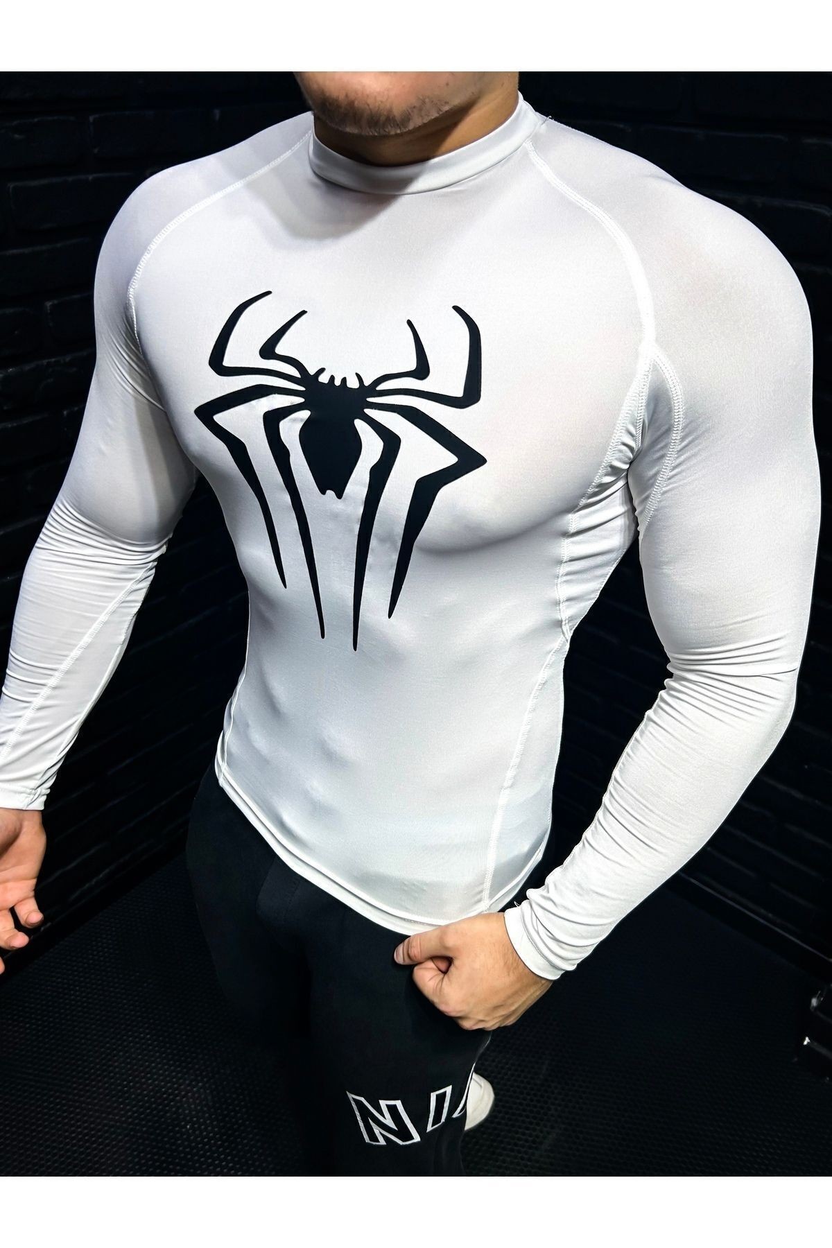 Uzun Kollu Compression Body Fit Spor Tam Beden Erkek Tişört Beyaz