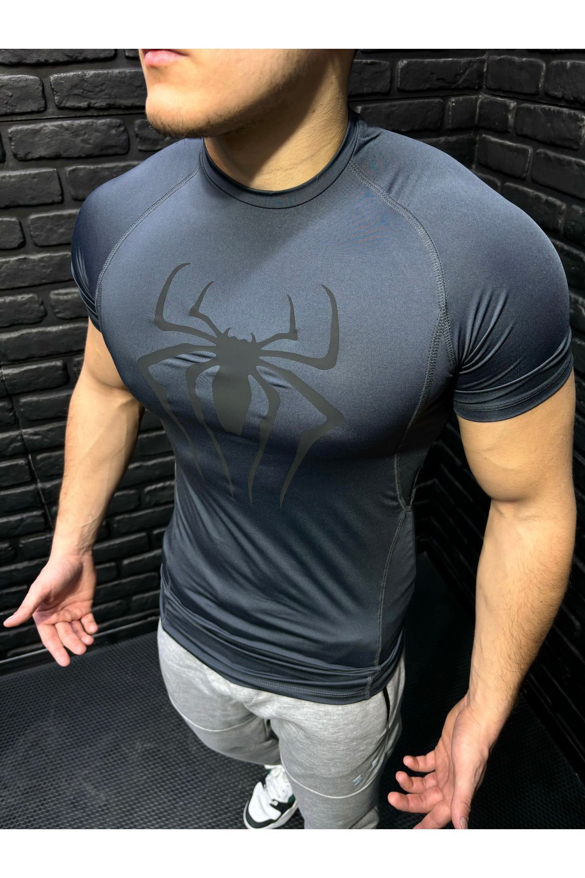 Erkek Dar Spor Tişört Compression Spiderman Baskılı Esnek Body Mavi