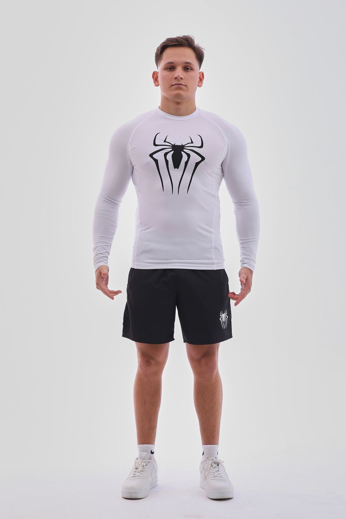 Uzun Kollu Compression Body Fit Spor Tam Beden Erkek Tişört Beyaz