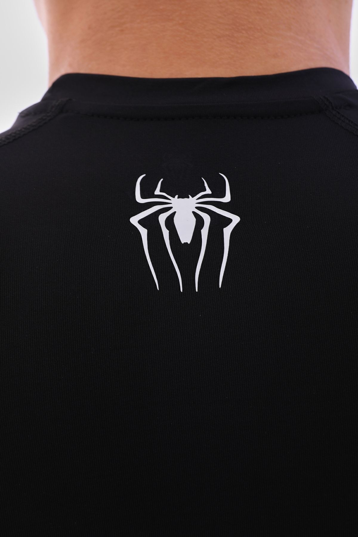 Uzun Kollu Compression Body Fit Spor Tam Beden Erkek Tişört Siyah Spiderman Baskılı