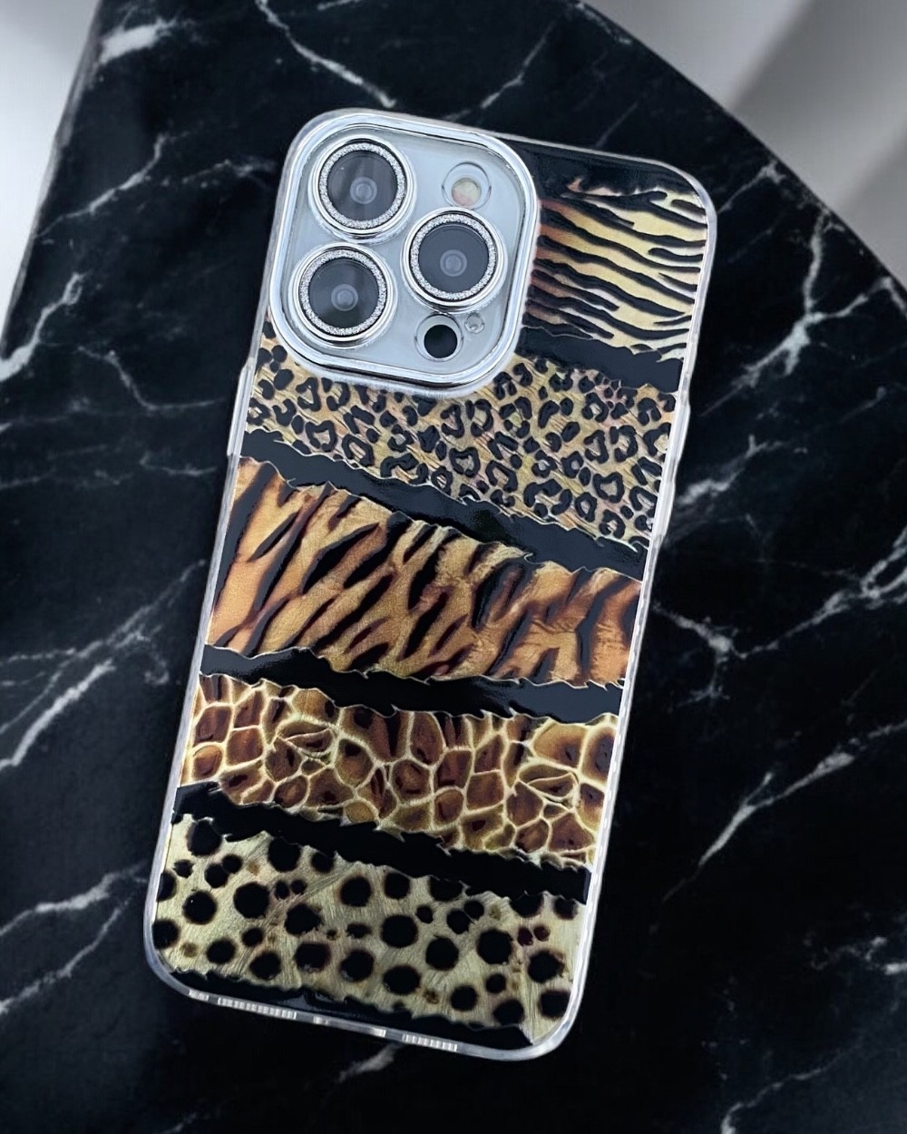 Iphone Uyumlu Taşlı Lens Koruyuculu Leopar Desenli Kılıf - ŞERİT LEOPAR