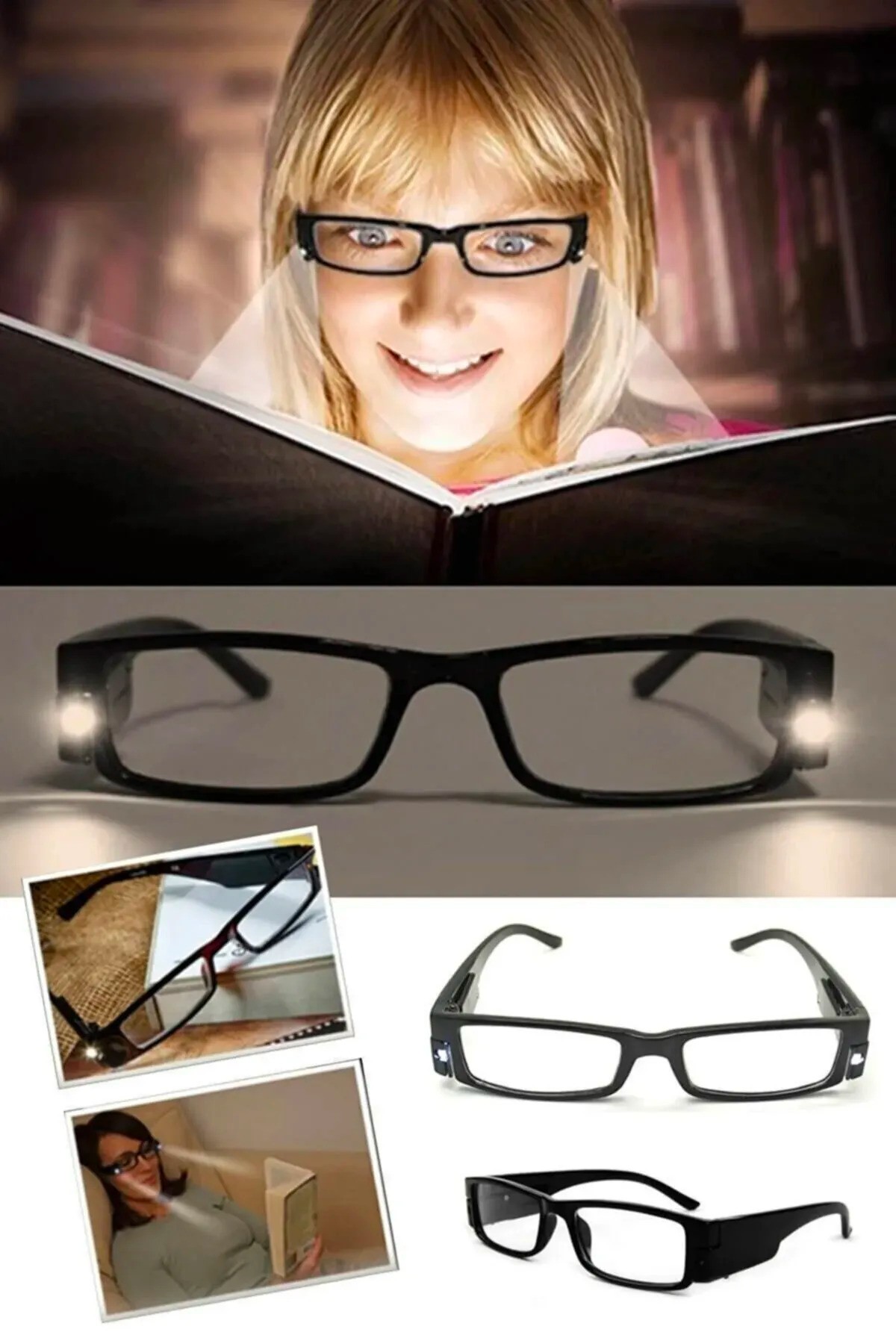 Gece Kitap Okuma Gözlüğü Led Işıklı Camsız Sağ Sol 2'li Ledli