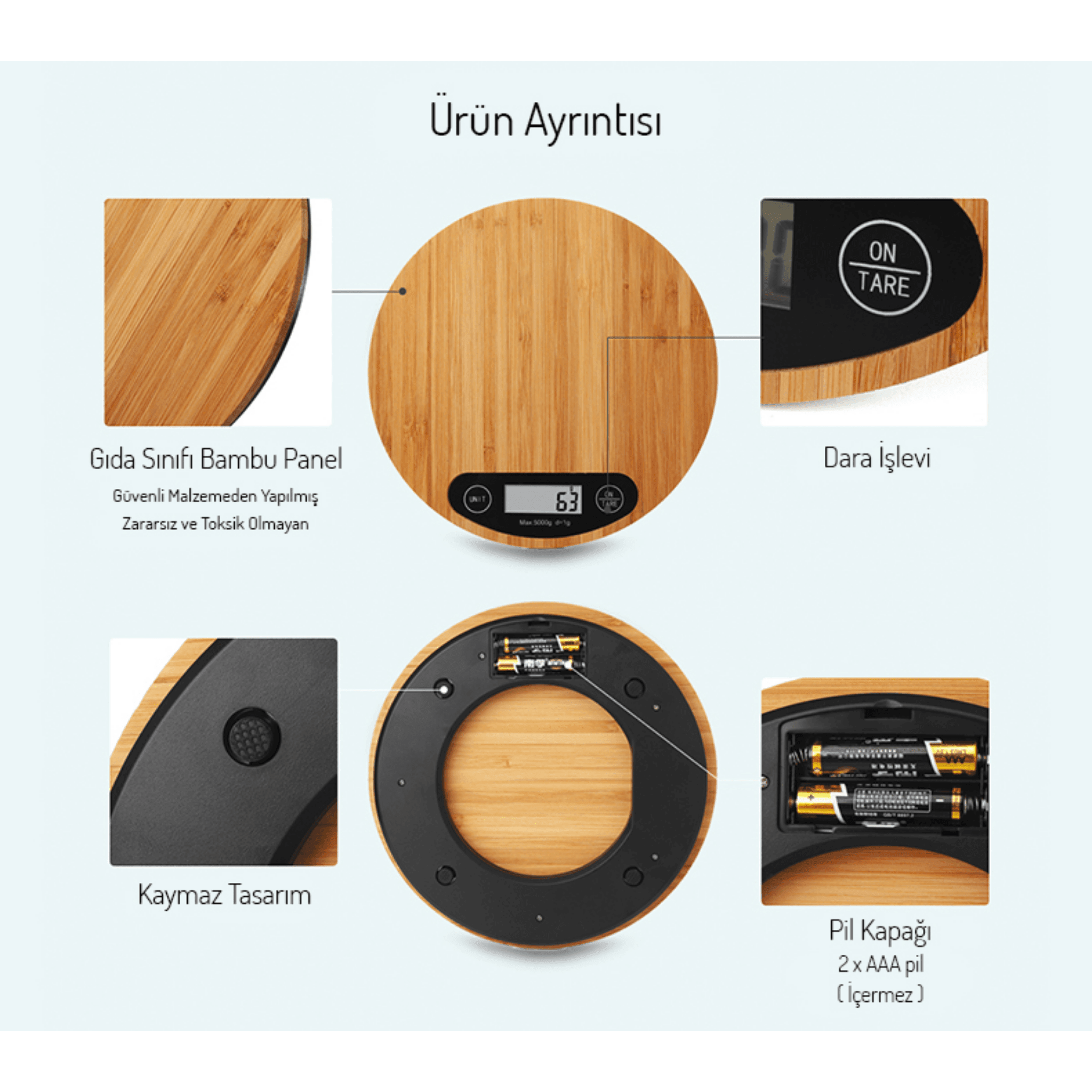 Dijital Ekranlı Ahşap Bambu Tartı Elektronik 5 KG Hassas Mutfak Terazisi 