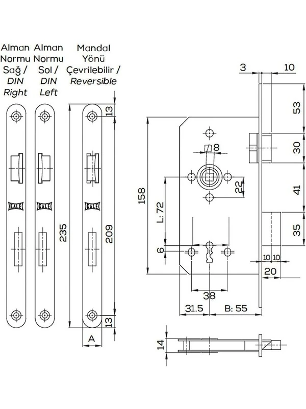 Kale Kilit Gömme Kilit 150 Bb Serisi Alman Oda Tipi Oval Krom 55 mm