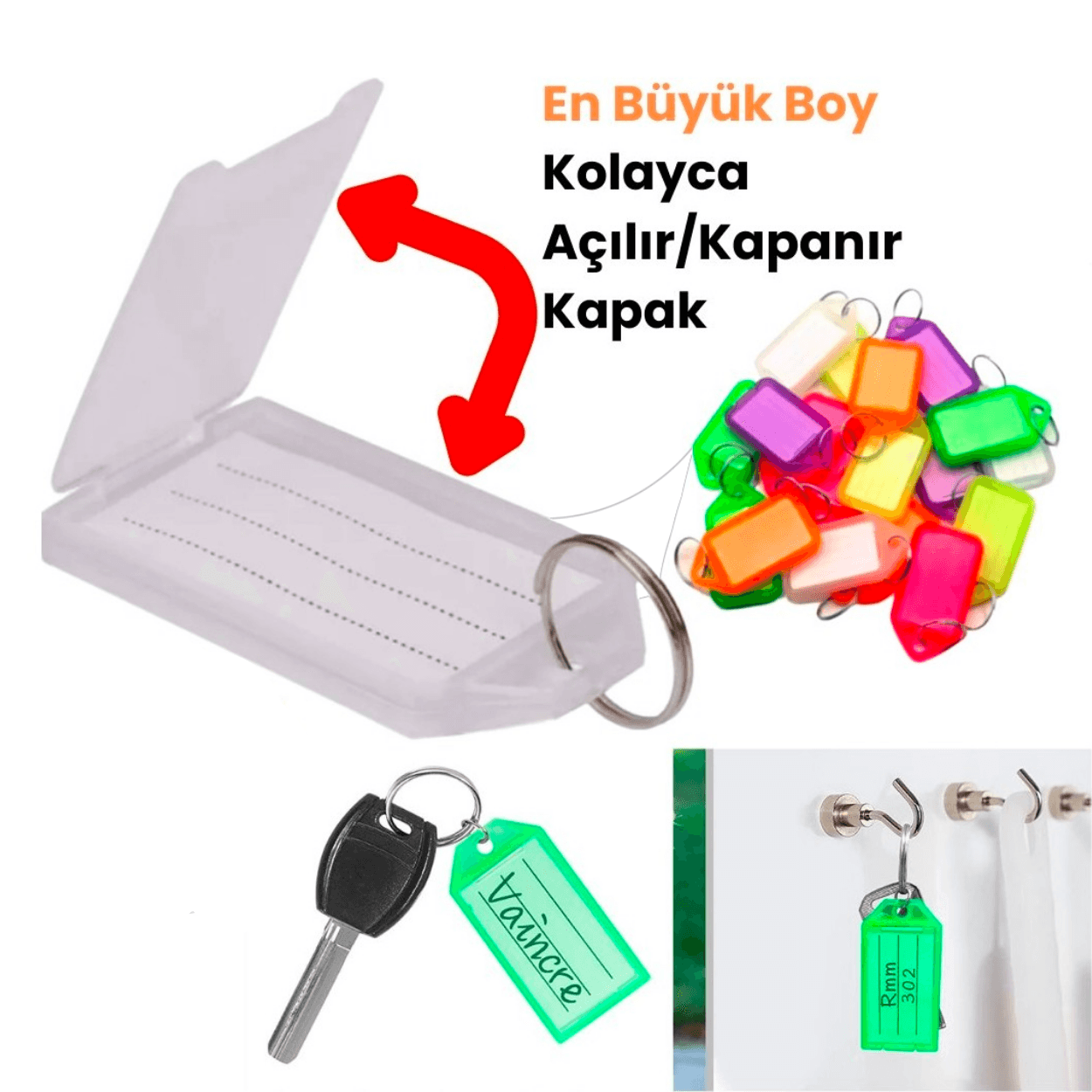 100X Adet Anahtarlık Kapaklı Büyük Boy Plastik Etiket Kimlik Isimlik Isim Yazı Yazmalık Karışık Renk