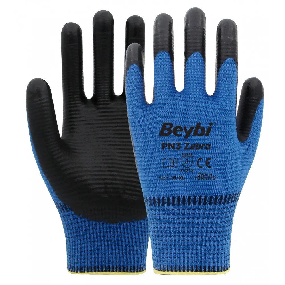 Beybi PN3 Zebra Polyester Örme Nitril Eldiven Mavi