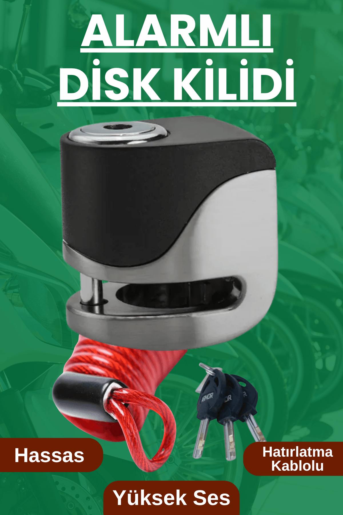 Armor 120 Desibel Alarmlı Scooter Motosiklet Alarmlı Çelik Disk Kilidi 5,5mm Vespa Uyumlu Yüksek Sesli Ve Hatırlatma Kablolu