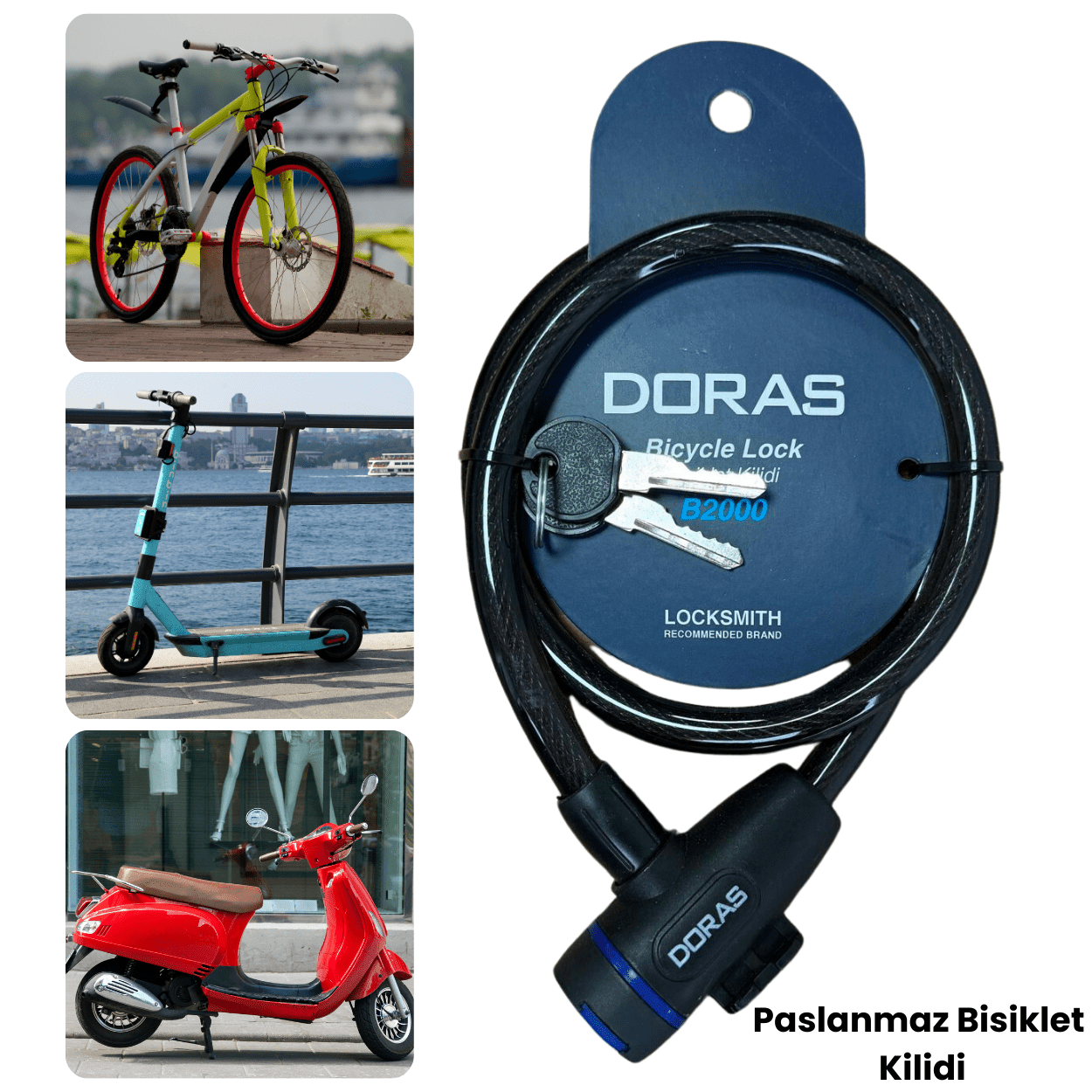 Doras Bisiklet Elektrikli Scooter Mobilet Vinil Kaplamalı Çift Anahtarlı Kilit B2000 Antrasit