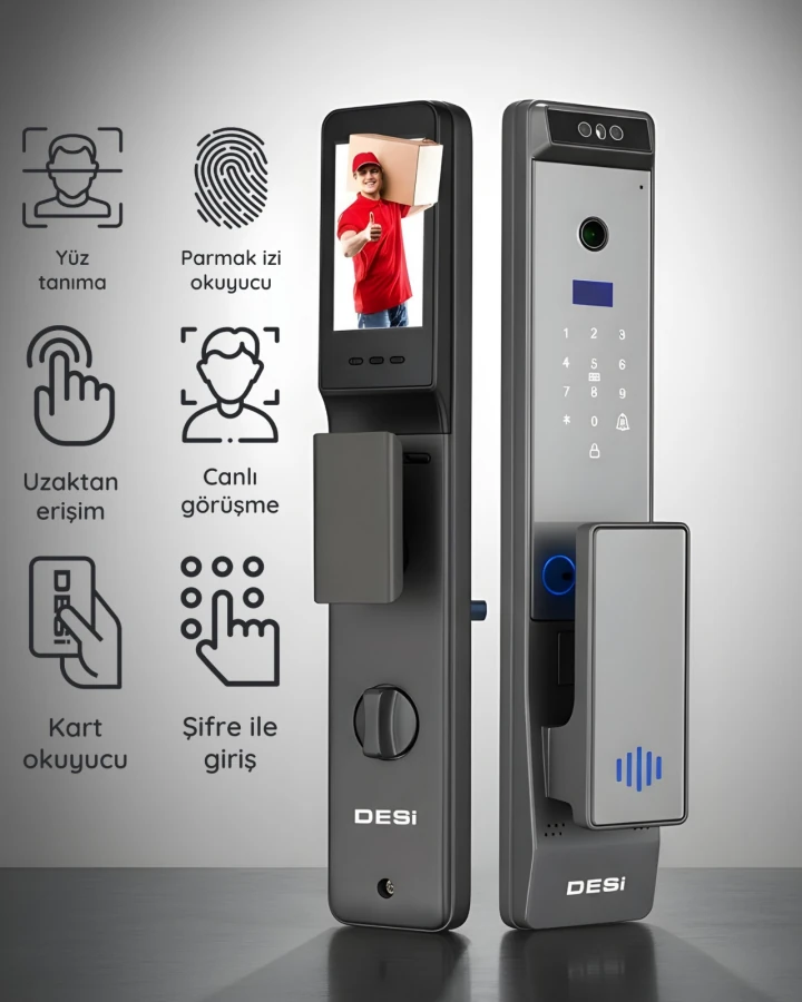 Desi Quic Q033+ Akıllı Kilit Sanal Kapı Kolu - Yüz Tanıma - Avuç Içi Damar - Parmak Izi - Tuş Takımı - Kart Okuyucu - Aktif Canlı Görüşme