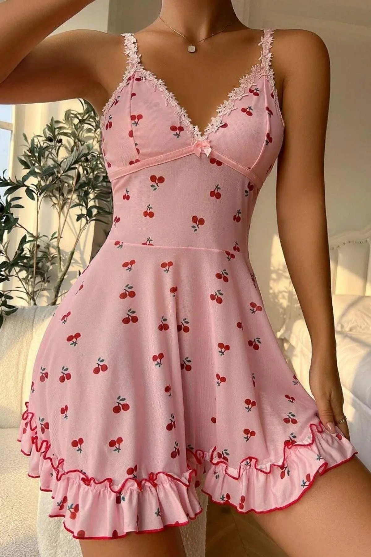 Kiraz Desenli Fırfırlı Romantik Babydoll Gecelik