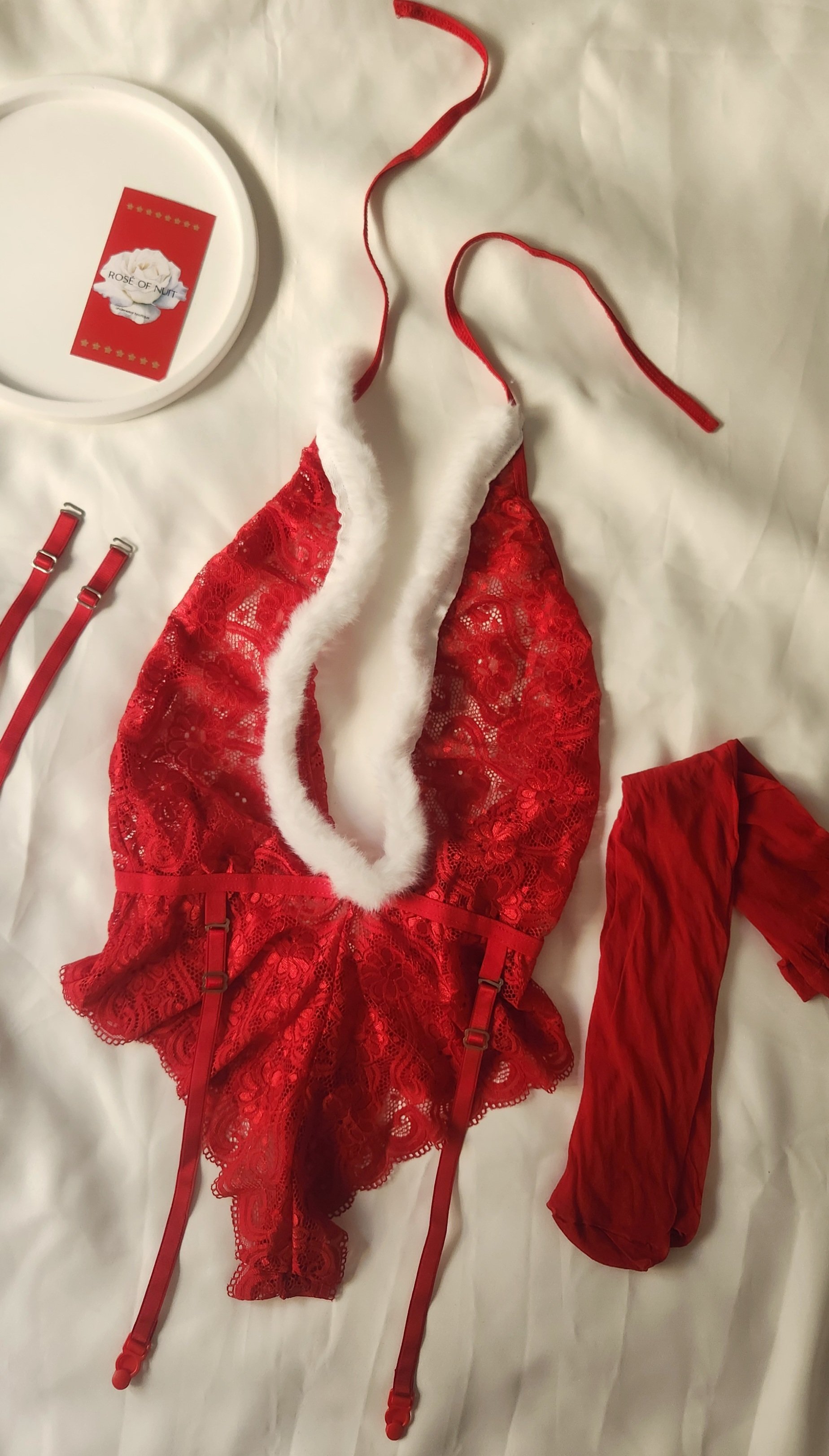 Red Tüylü Jartiyer Bodysuit 