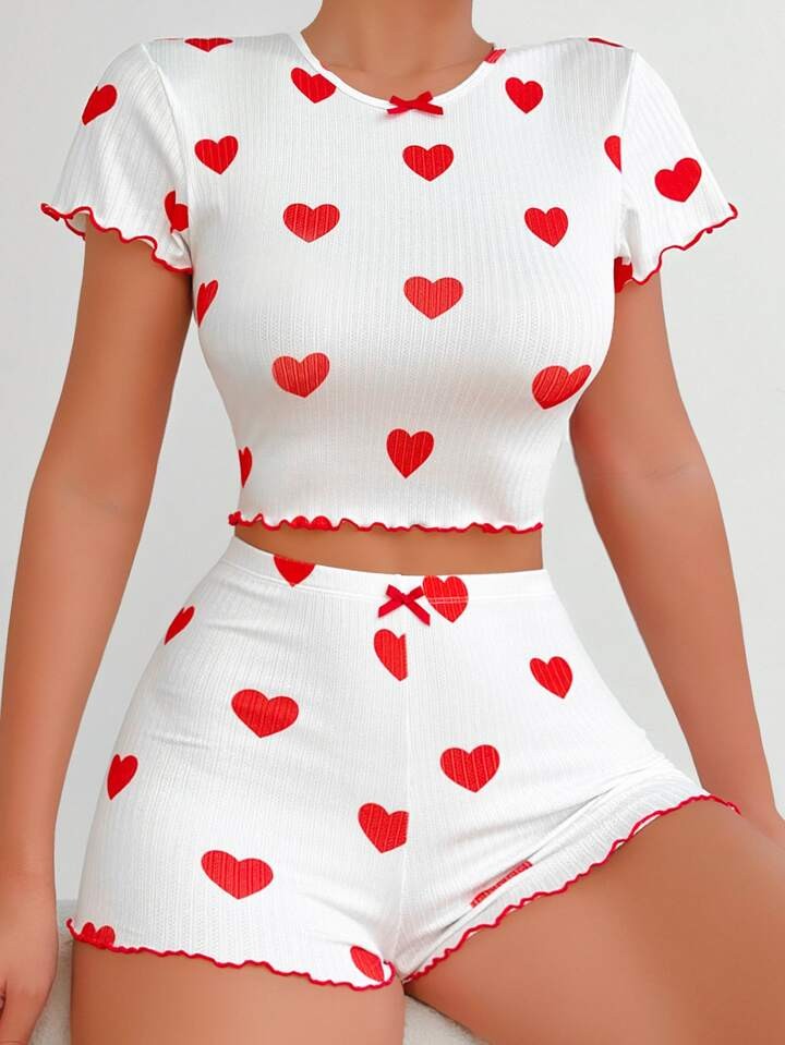 Penye & Esnek Croplu Şortlu Gecelik Takım - Love Desenli