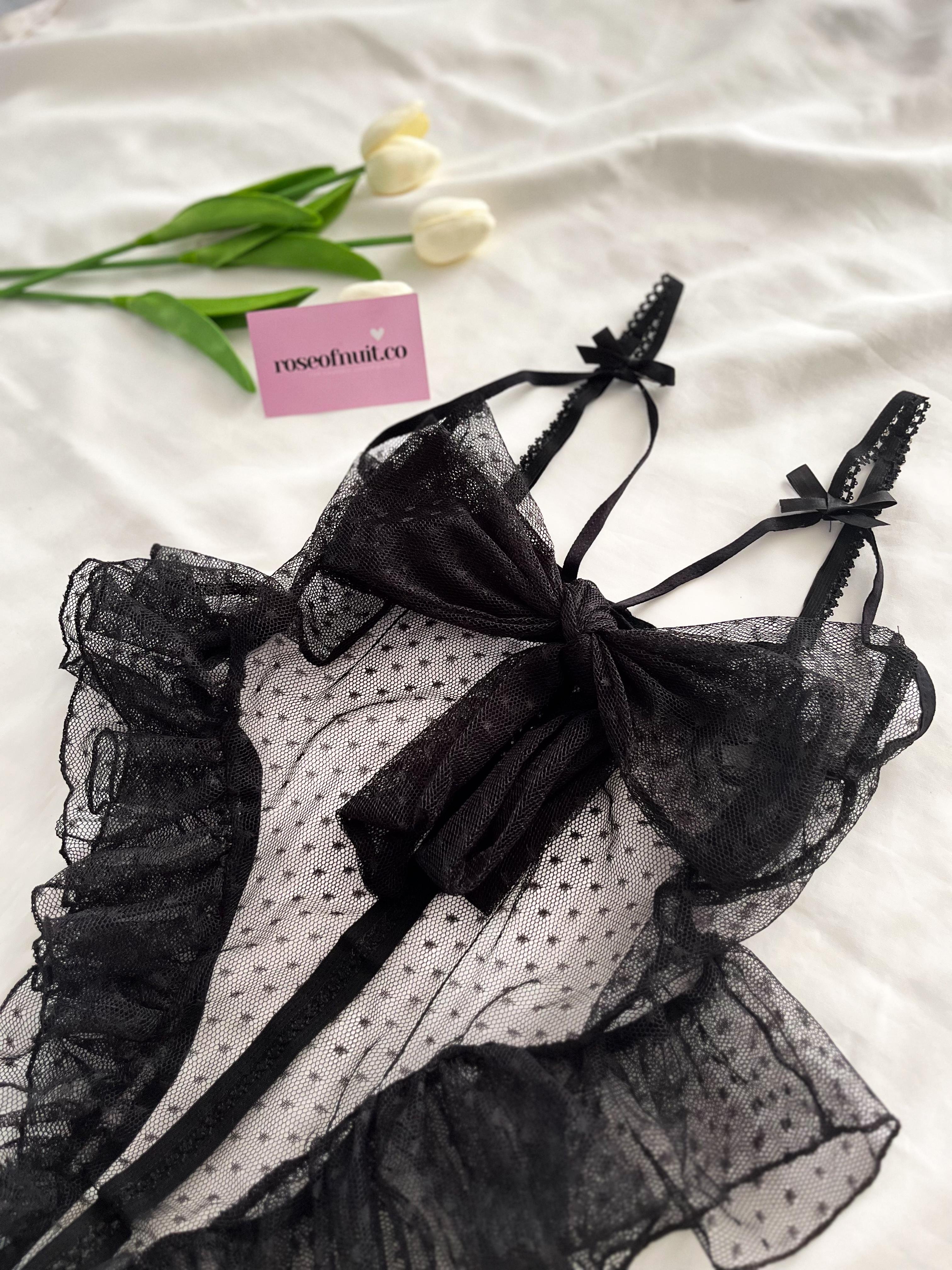Tül Puantiye Desenli Ağı Açık Sırt Dekolteli Bodysuit