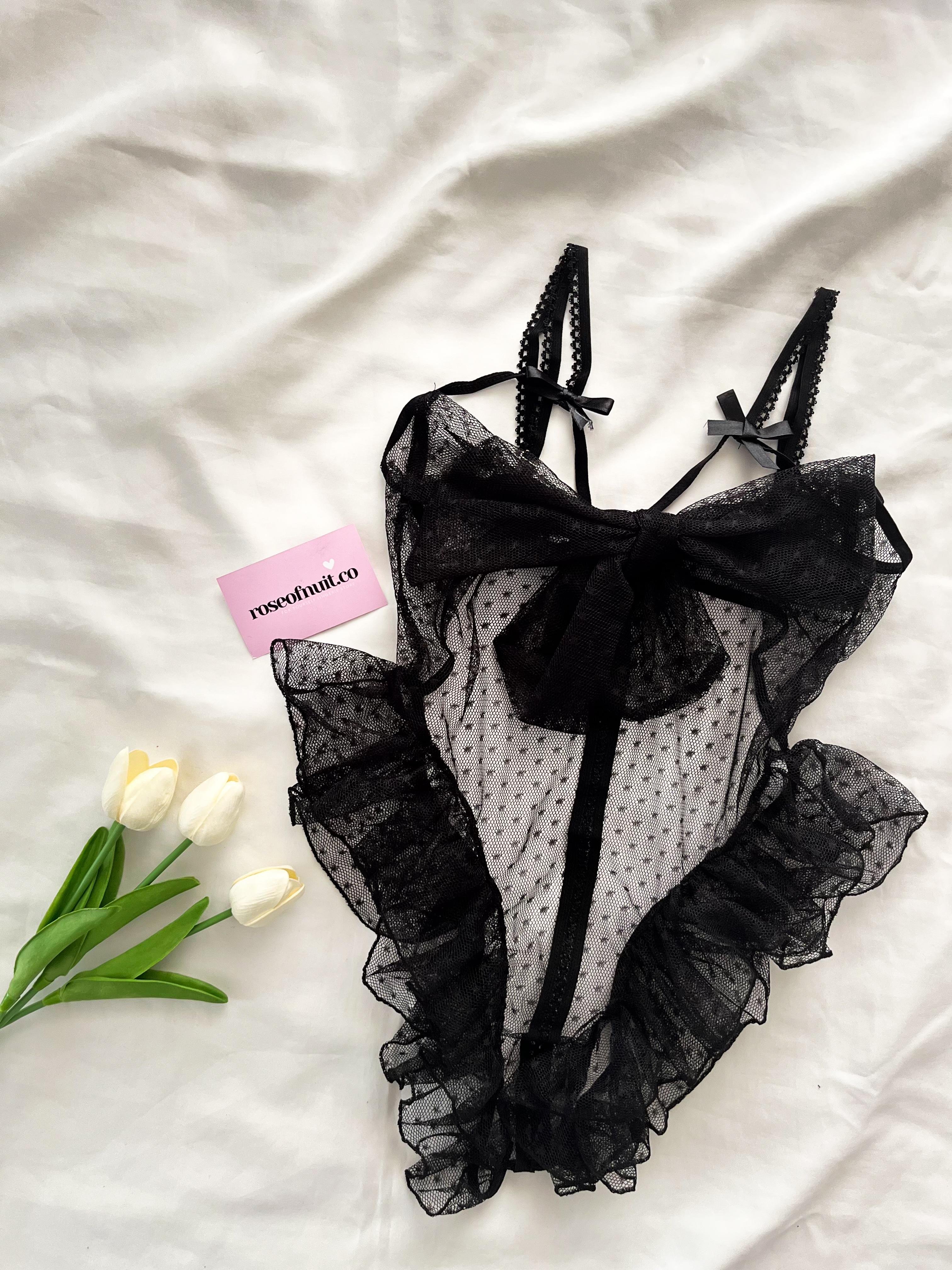 Tül Puantiye Desenli Ağı Açık Sırt Dekolteli Bodysuit