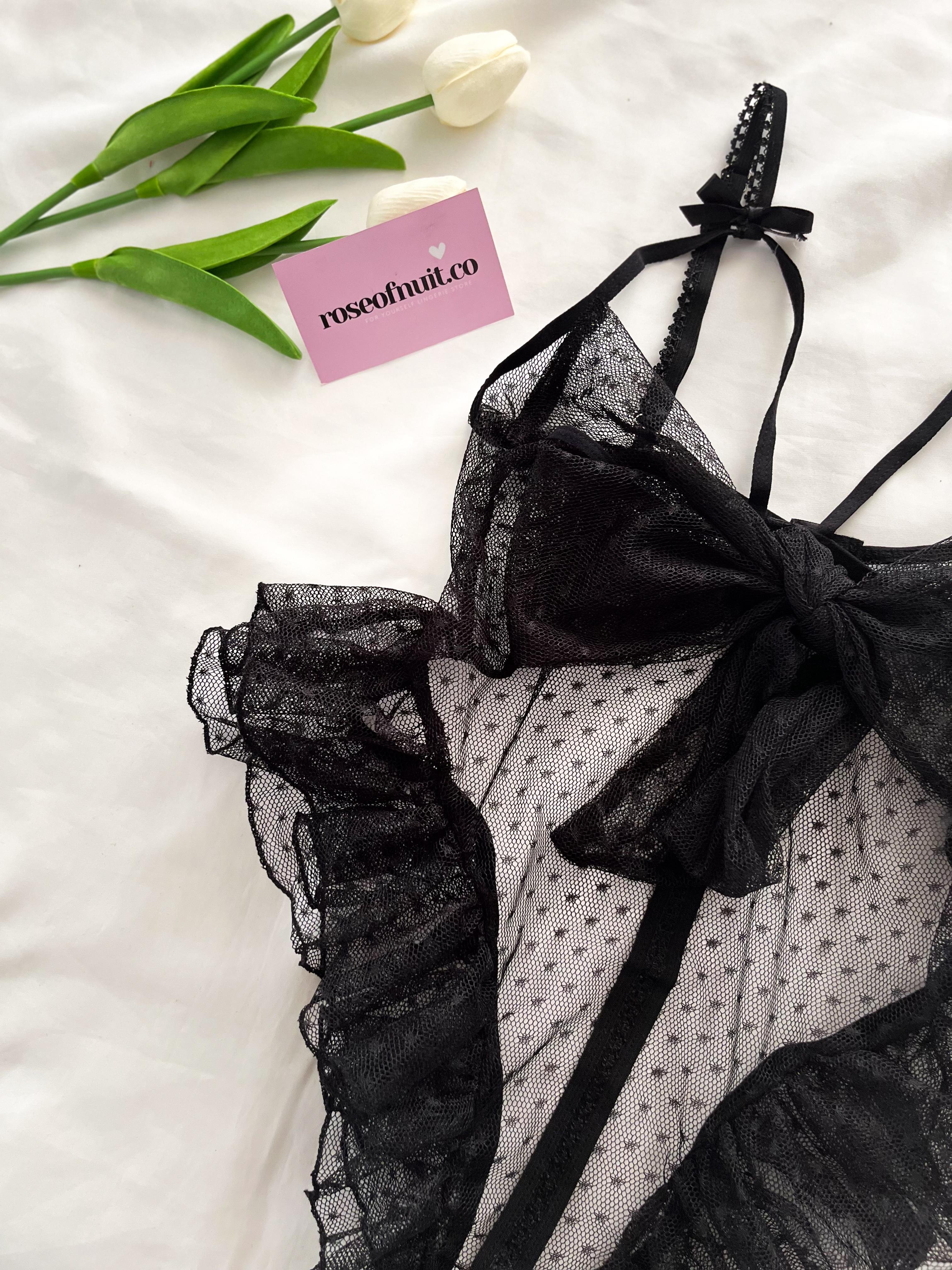 Tül Puantiye Desenli Ağı Açık Sırt Dekolteli Bodysuit